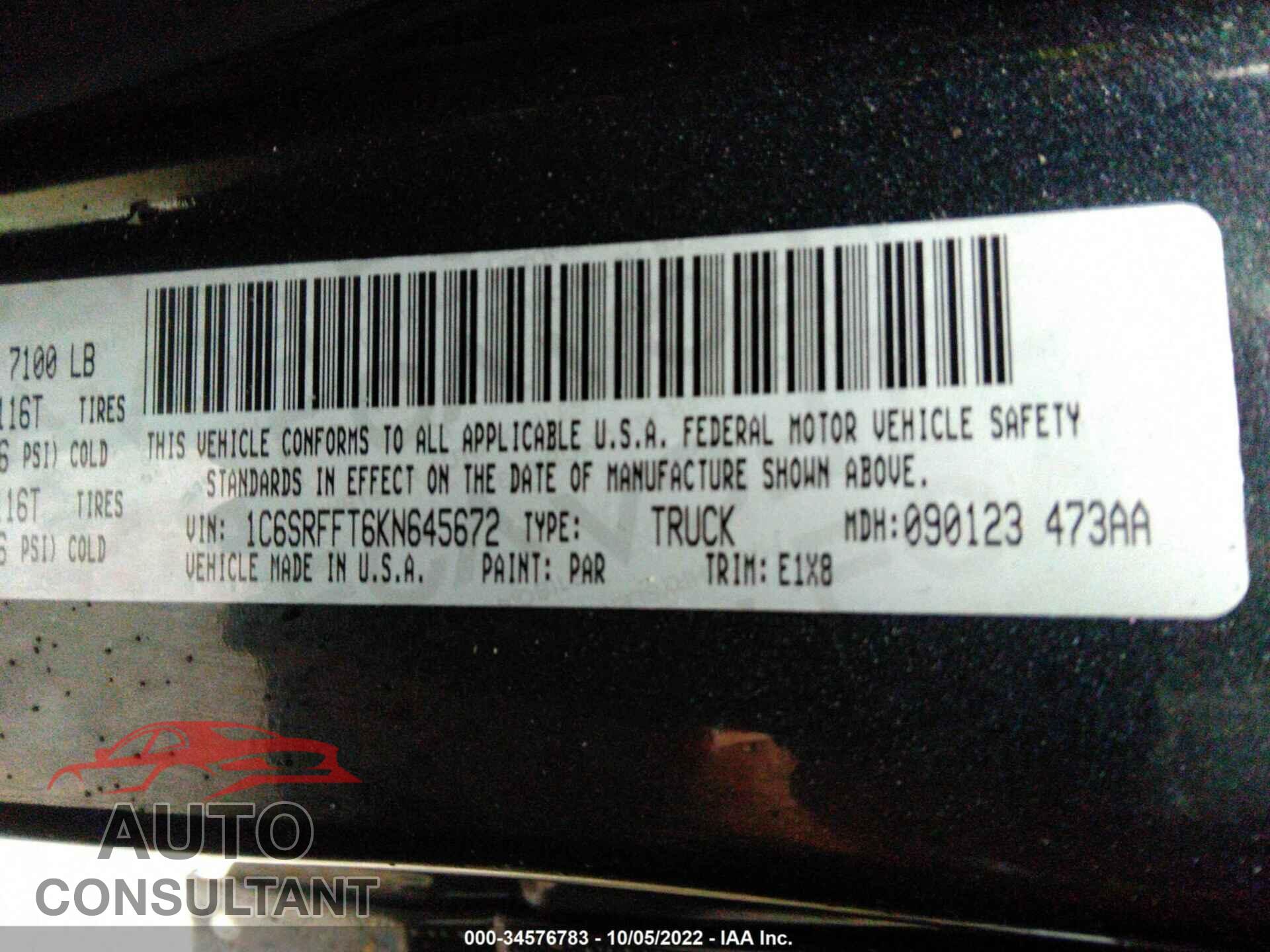 RAM 1500 2019 - 1C6SRFFT6KN645672