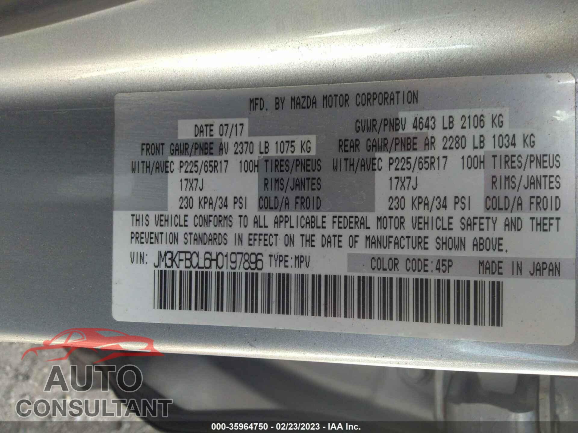 MAZDA CX-5 2017 - JM3KFBCL6H0197896