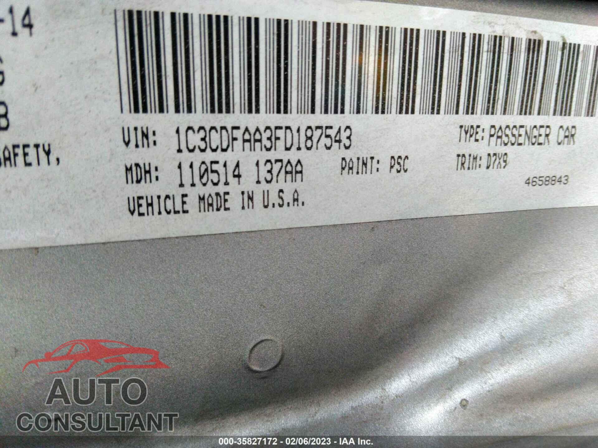 DODGE DART 2015 - 1C3CDFAA3FD187543