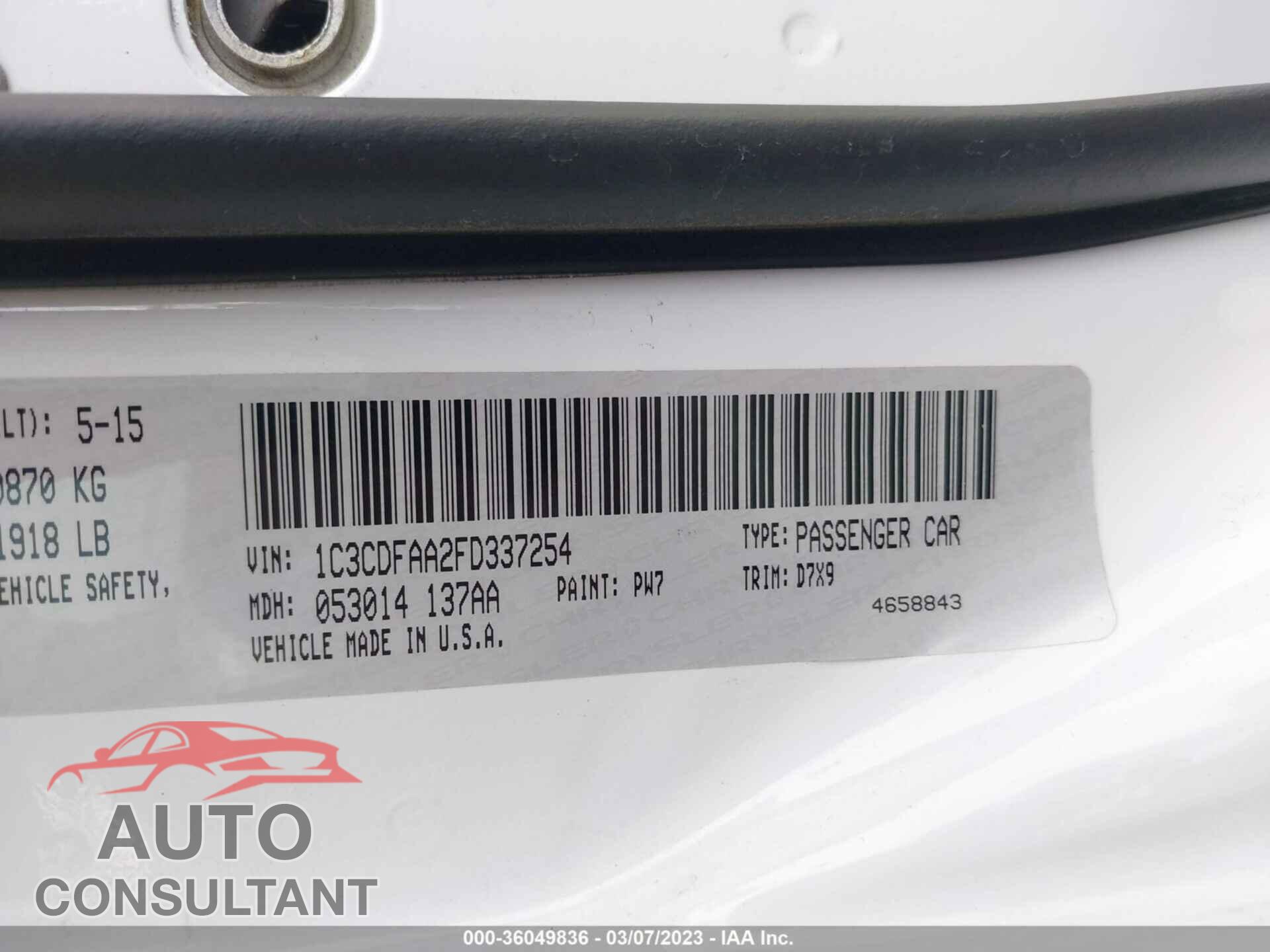DODGE DART 2015 - 1C3CDFAA2FD337254