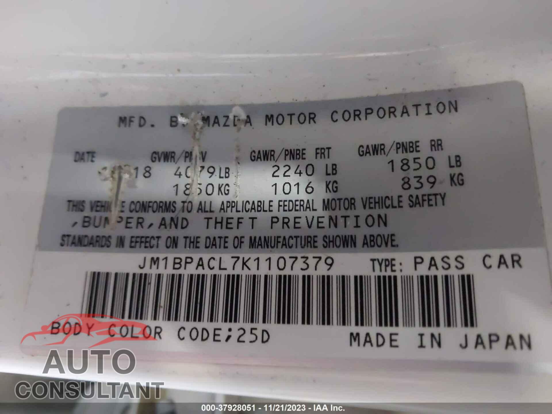MAZDA MAZDA3 2019 - JM1BPACL7K1107379
