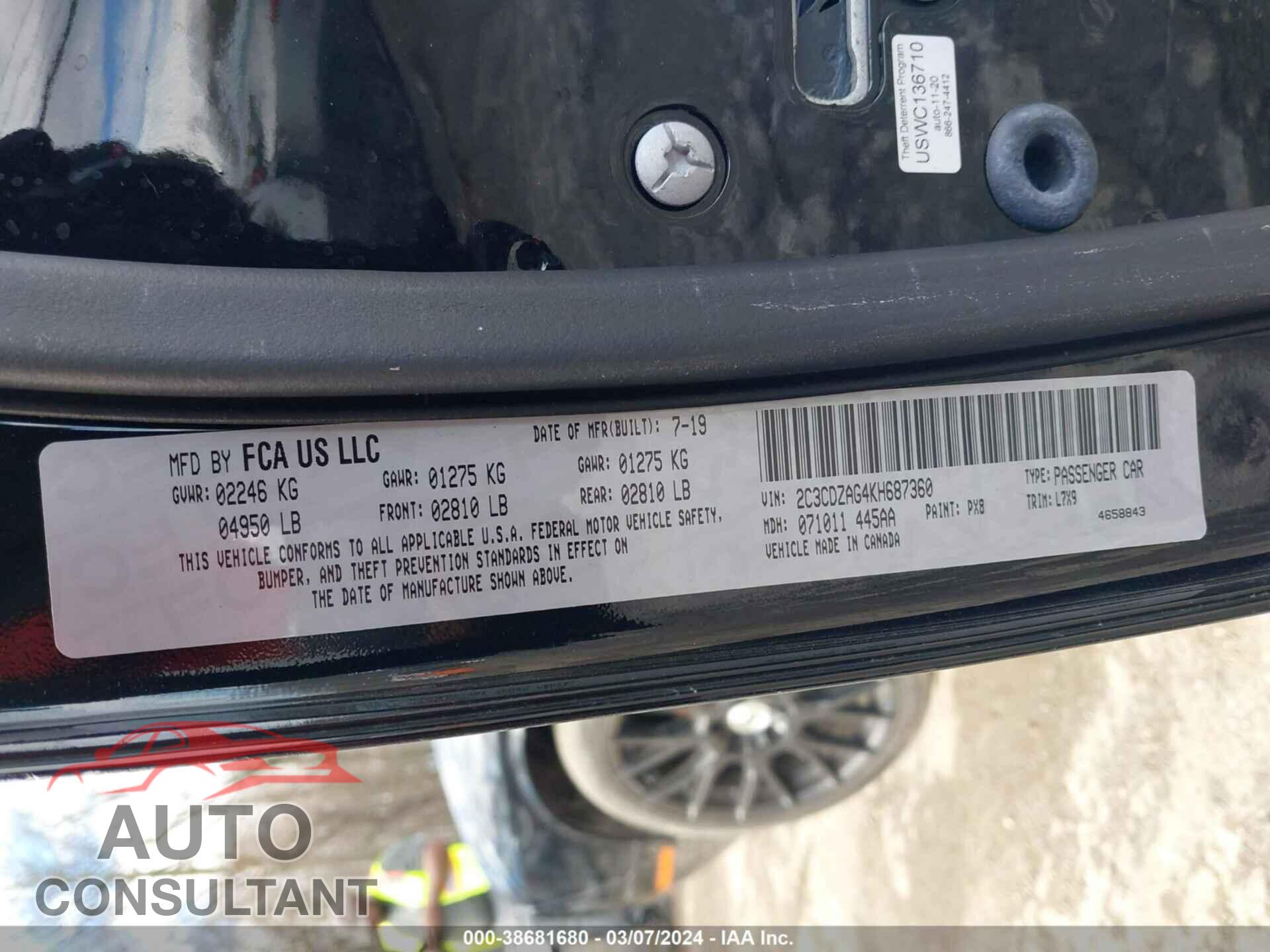 DODGE CHALLENGER 2019 - 2C3CDZAG4KH687360