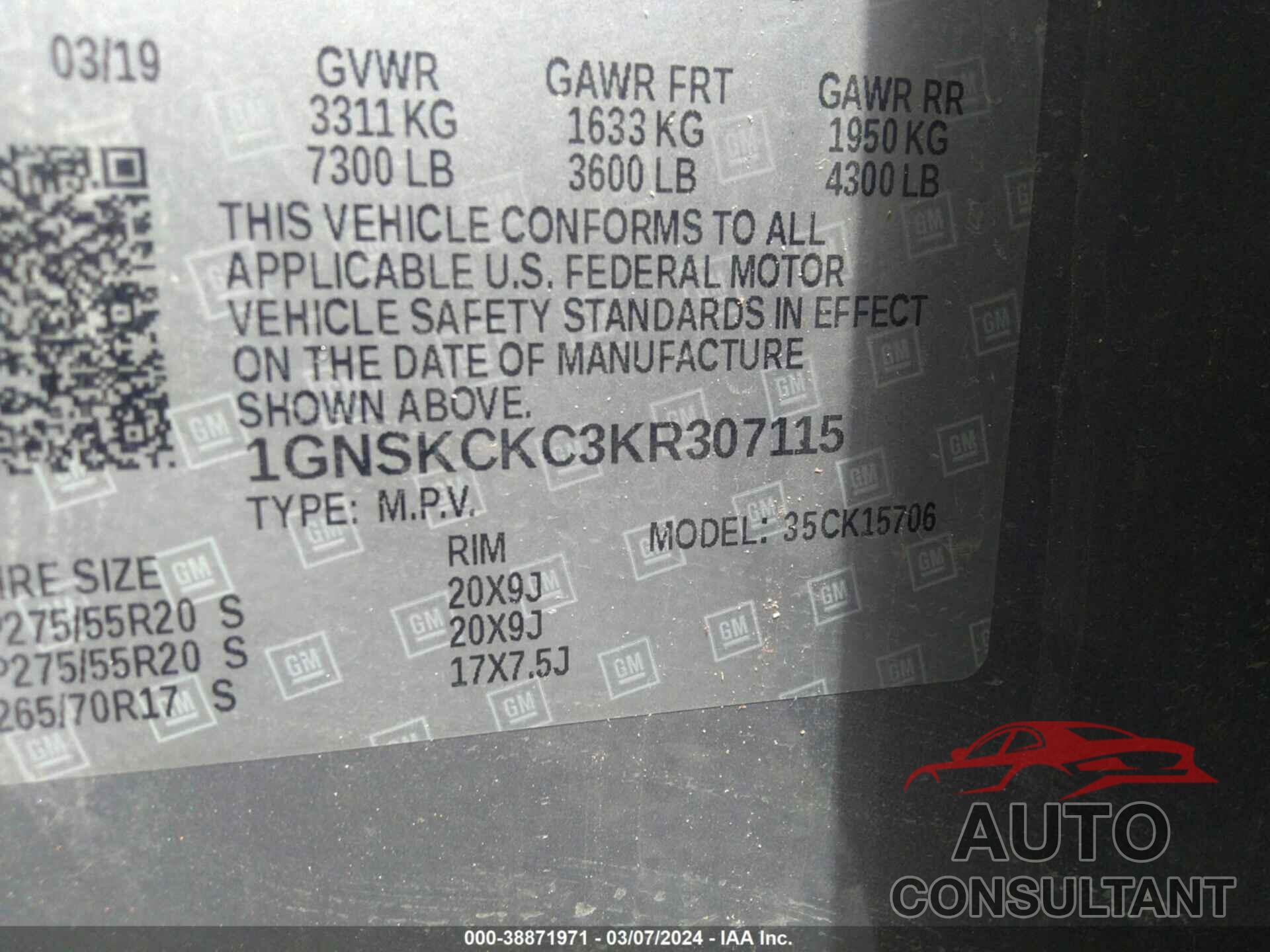 CHEVROLET TAHOE 2019 - 1GNSKCKC3KR307115