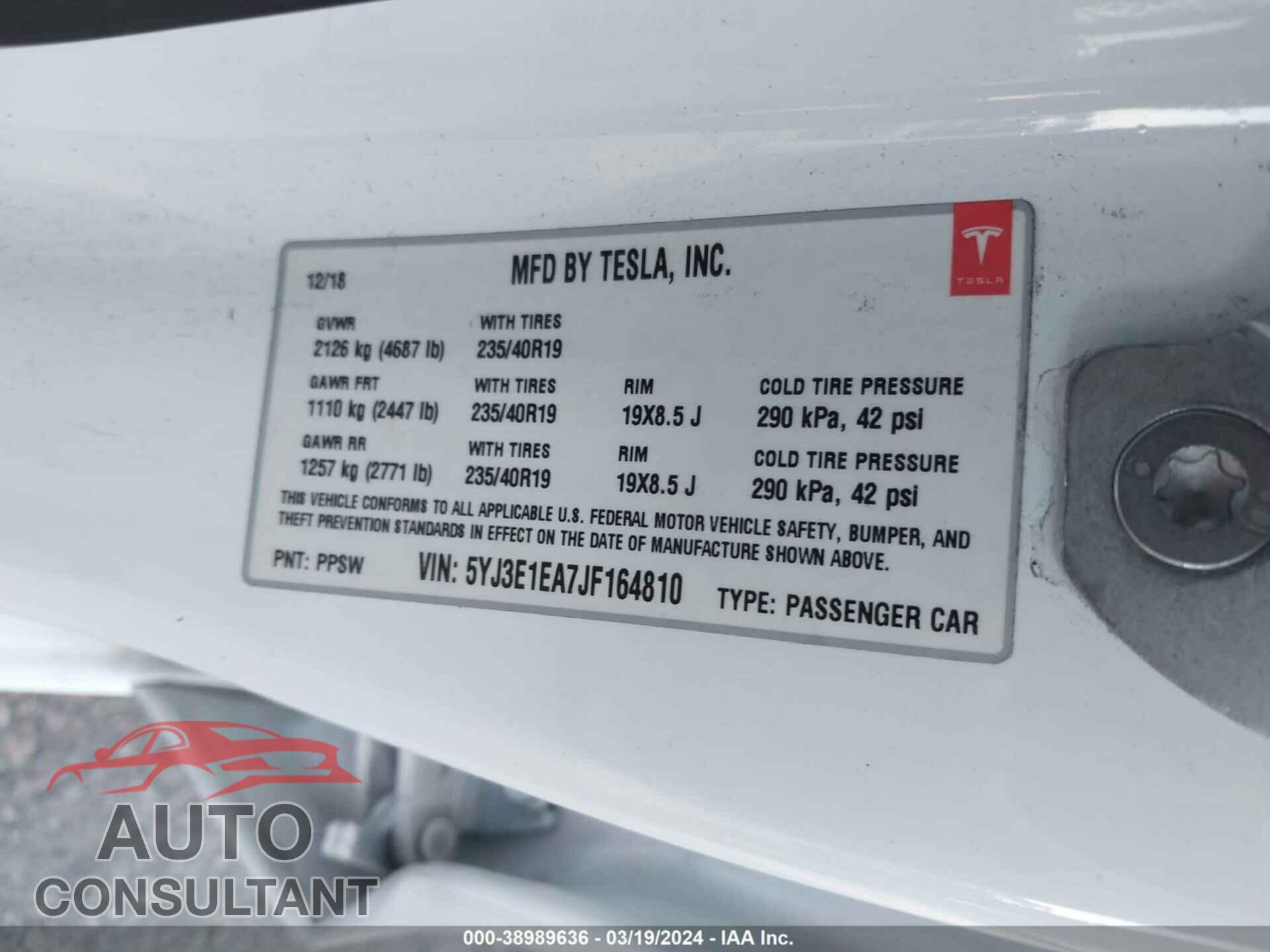 TESLA MODEL 3 2018 - 5YJ3E1EA7JF164810