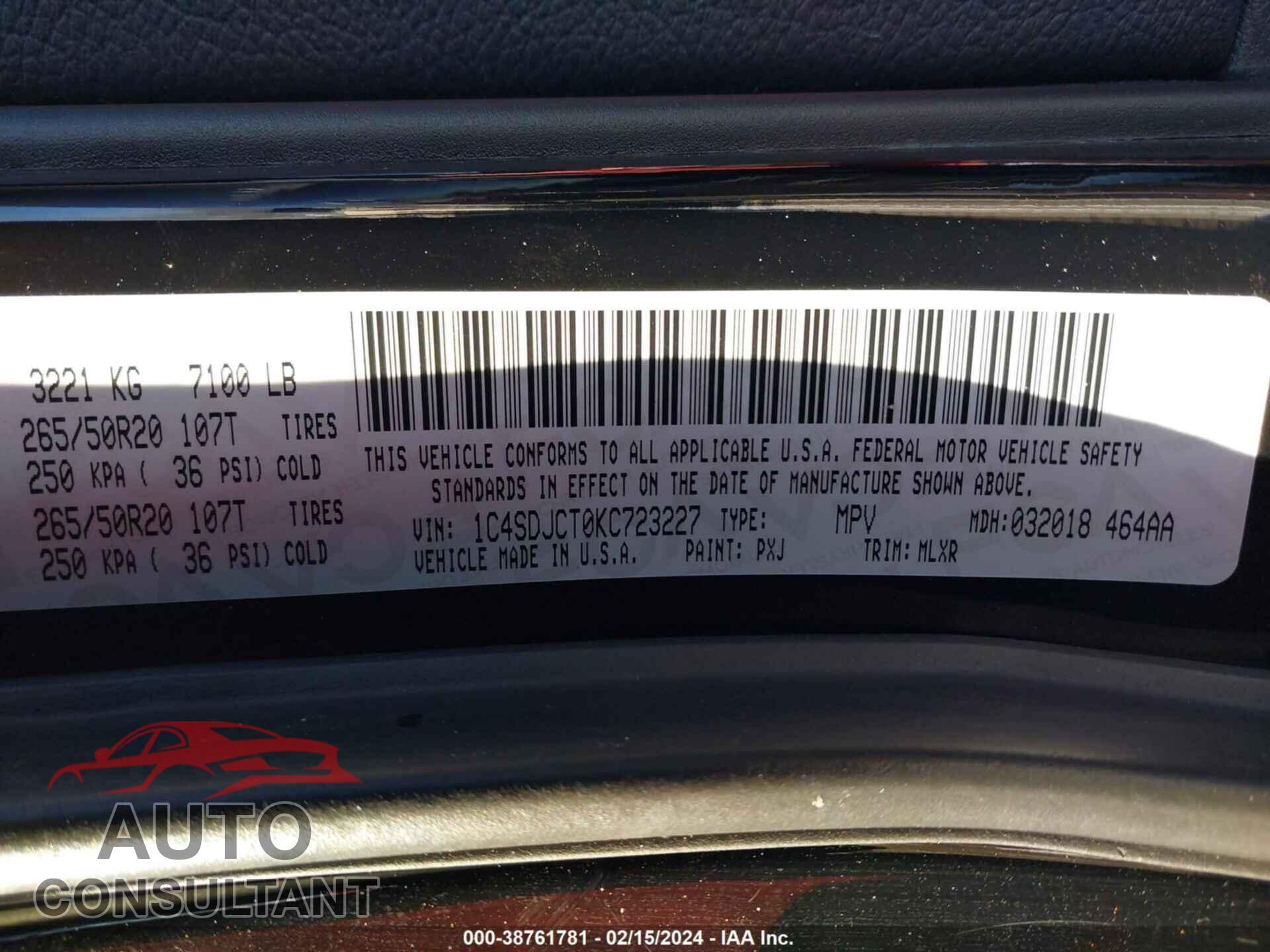 DODGE DURANGO 2019 - 1C4SDJCT0KC723227