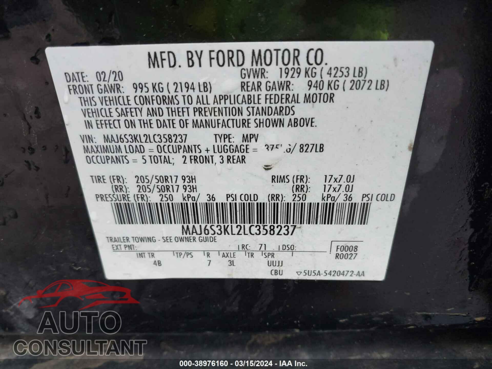 FORD ECOSPORT 2020 - MAJ6S3KL2LC358237