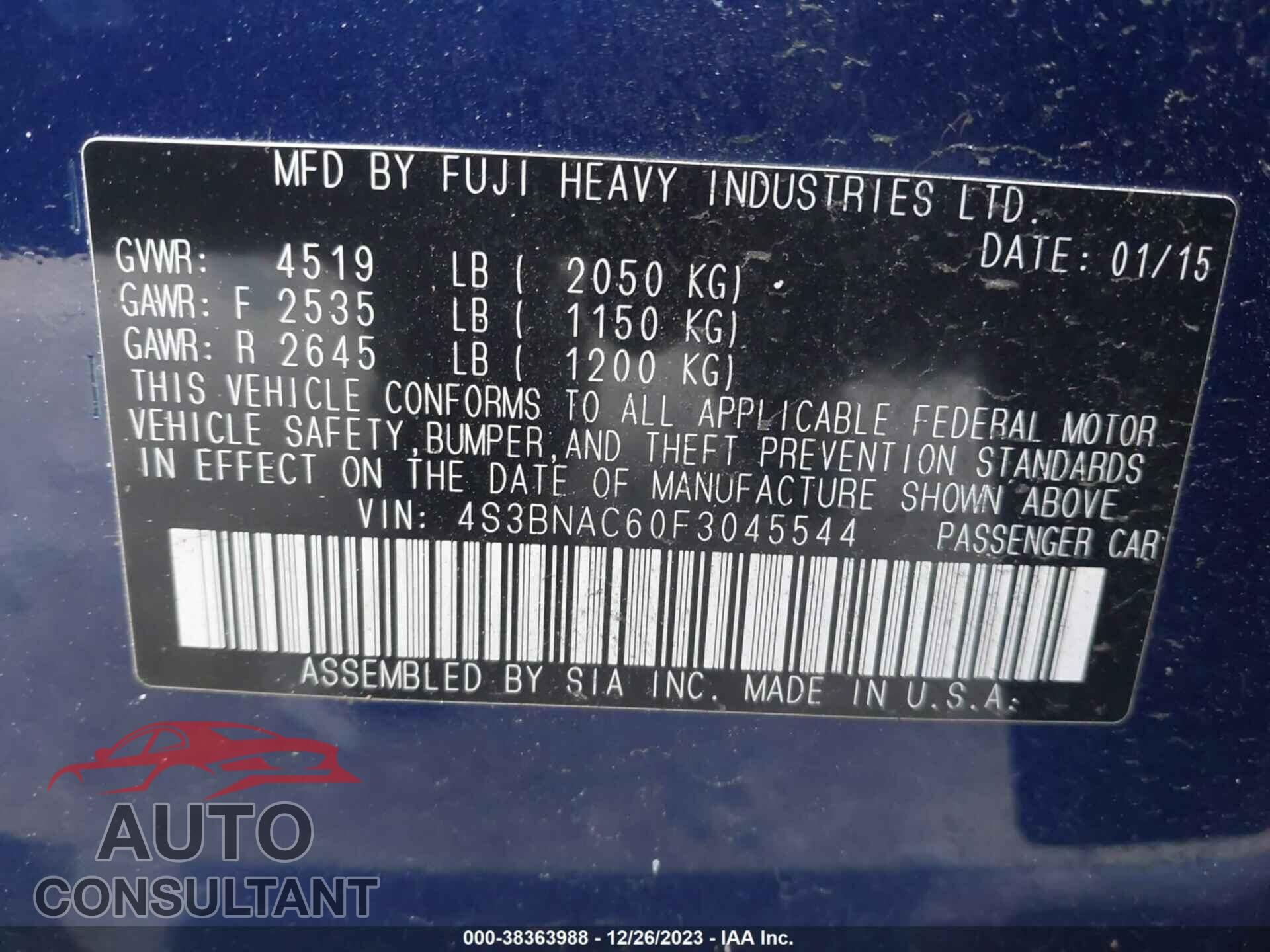 SUBARU LEGACY 2015 - 4S3BNAC60F3045544