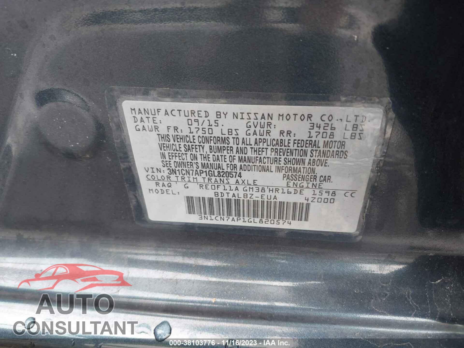 NISSAN VERSA 2016 - 3N1CN7AP1GL820574