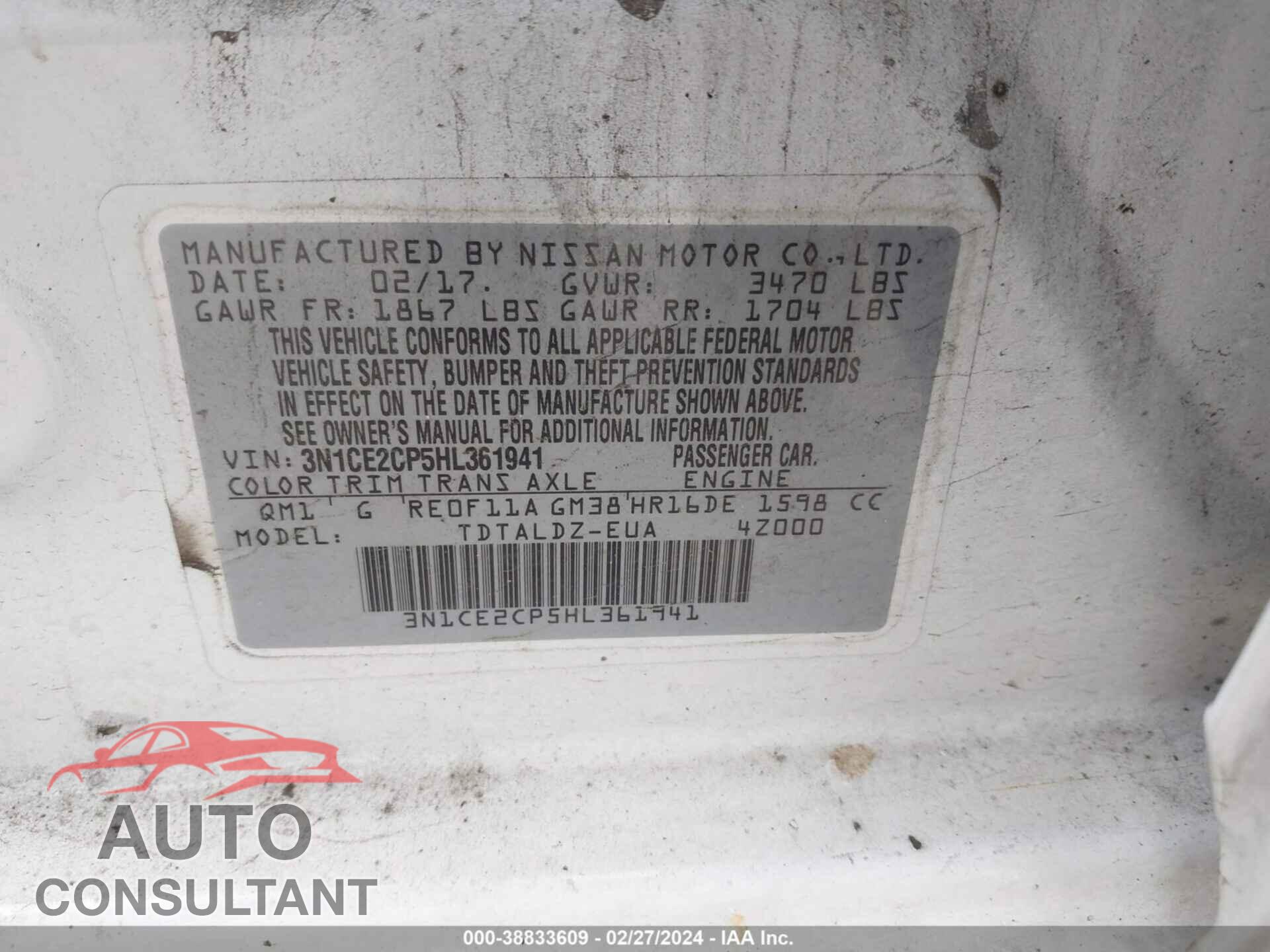 NISSAN VERSA NOTE 2017 - 3N1CE2CP5HL361941