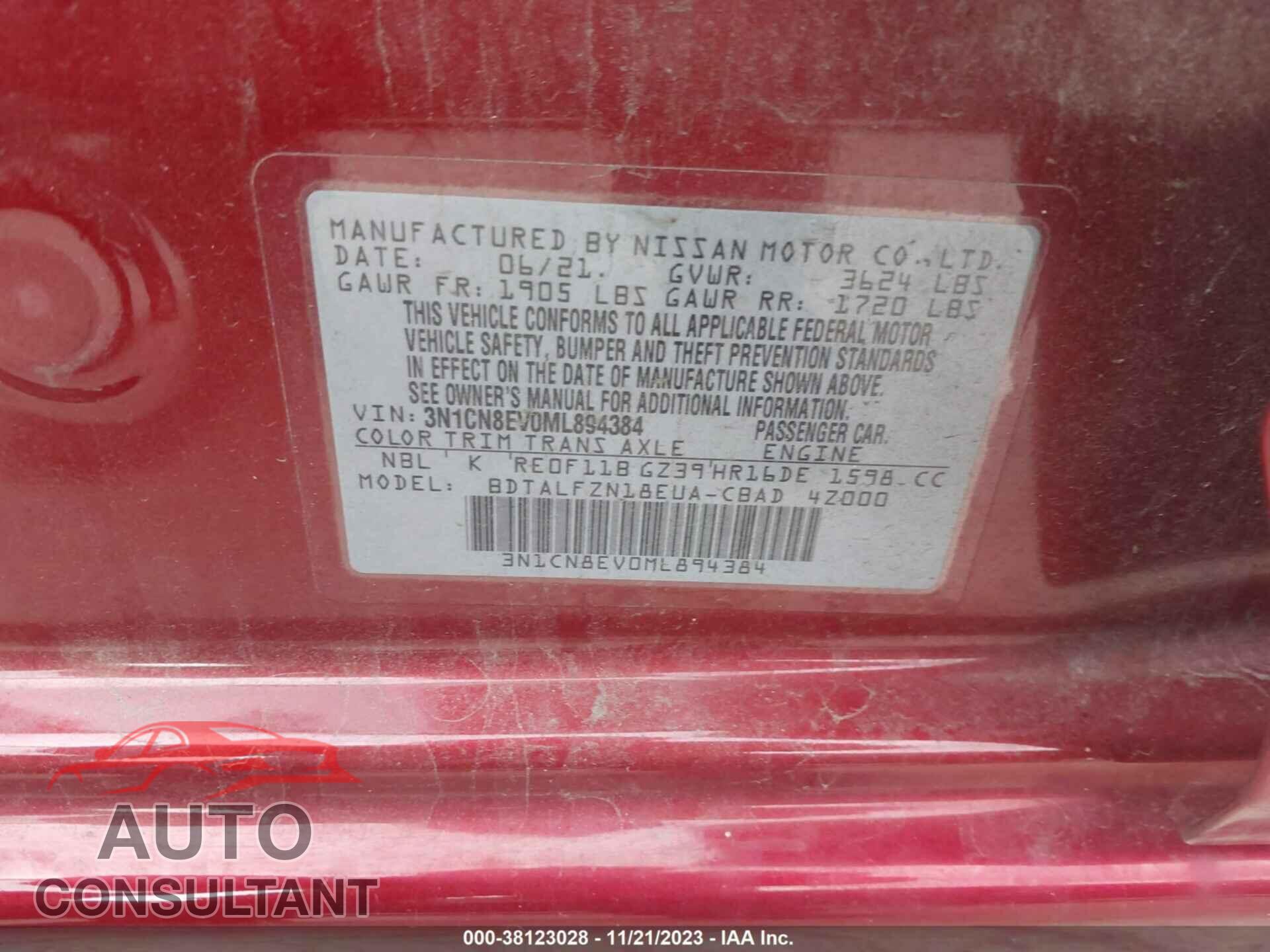 NISSAN VERSA 2021 - 3N1CN8EV0ML894384