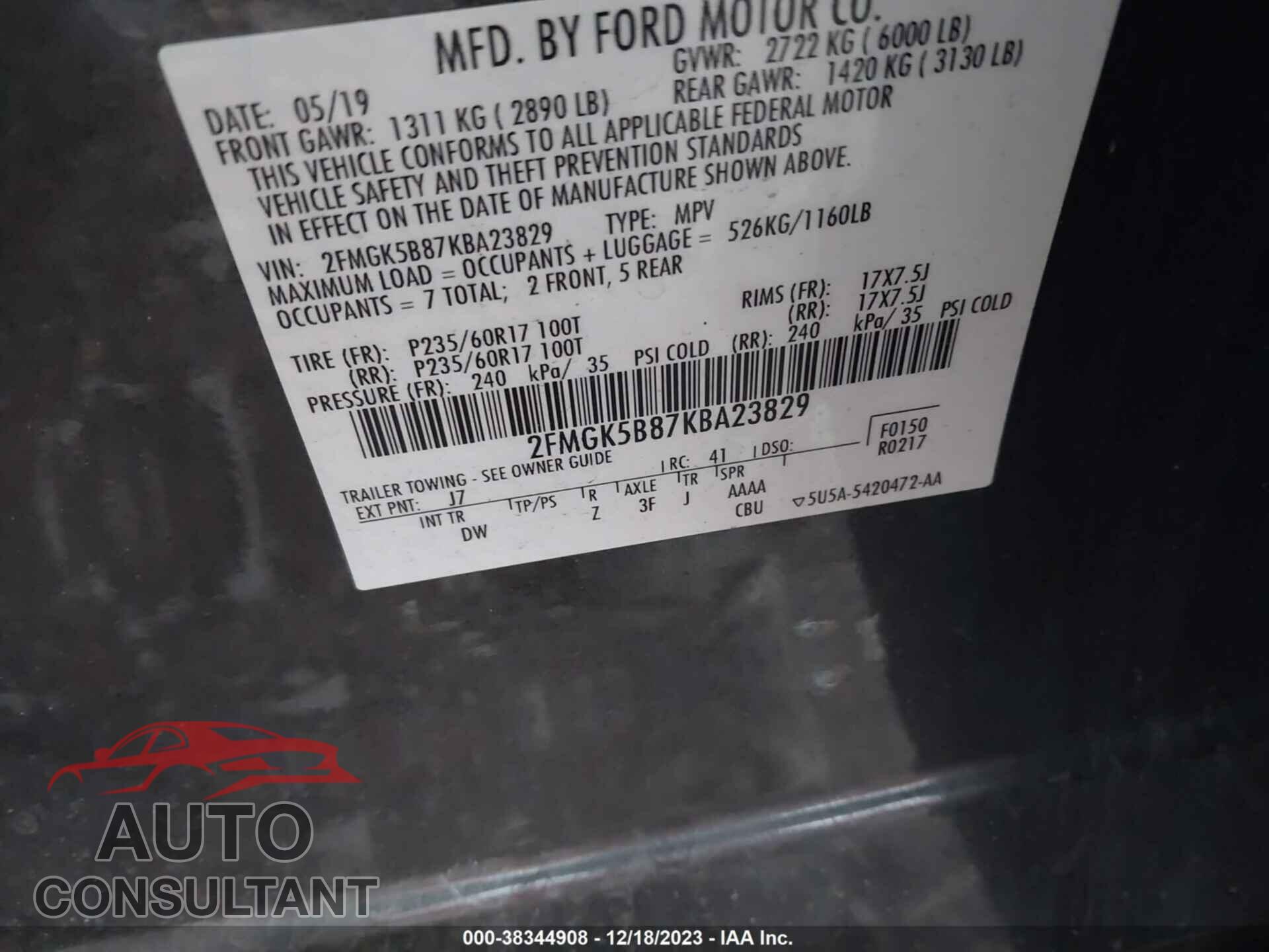 FORD FLEX 2019 - 2FMGK5B87KBA23829