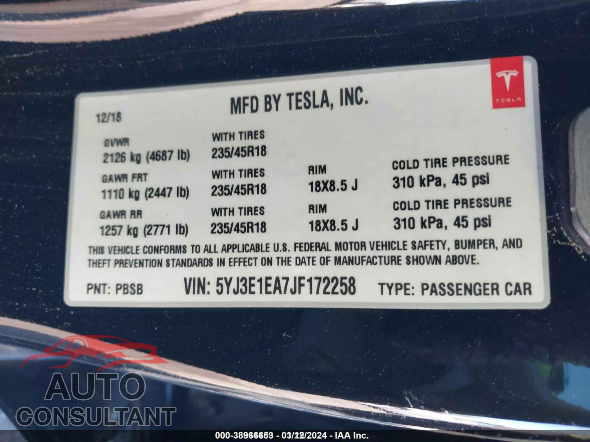 TESLA MODEL 3 2018 - 5YJ3E1EA7JF172258