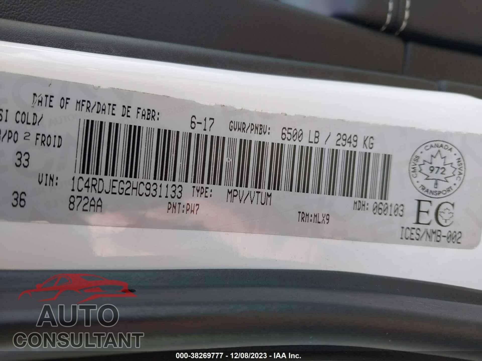 DODGE DURANGO 2017 - 1C4RDJEG2HC931133