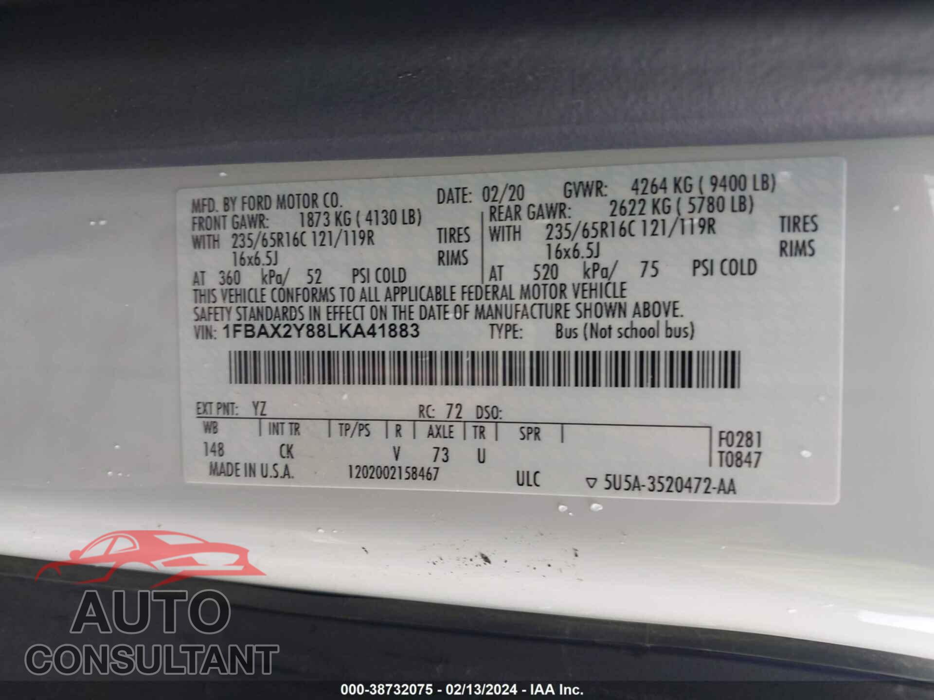 FORD TRANSIT 2020 - 1FBAX2Y88LKA41883