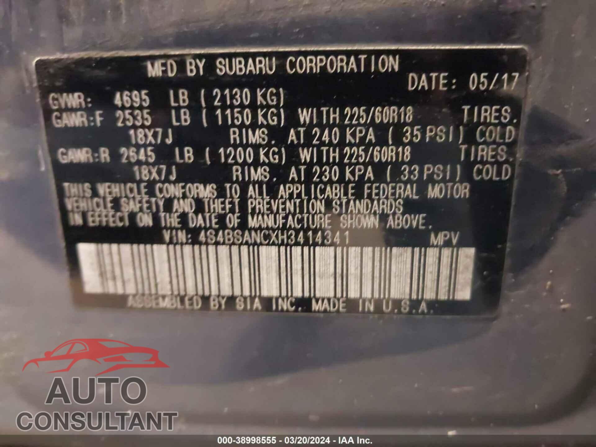 SUBARU OUTBACK 2017 - 4S4BSANCXH3414341