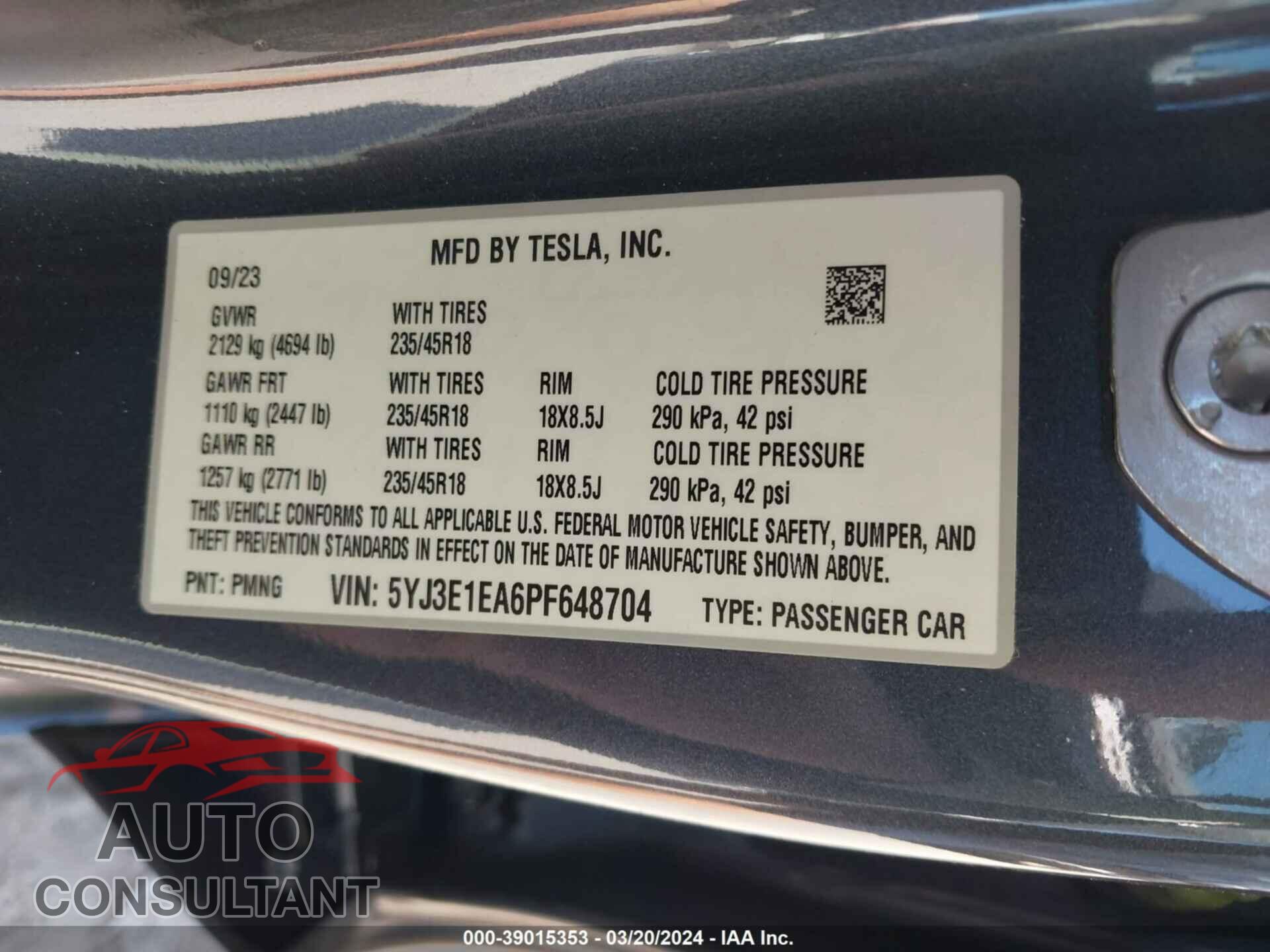 TESLA MODEL 3 2023 - 5YJ3E1EA6PF648704
