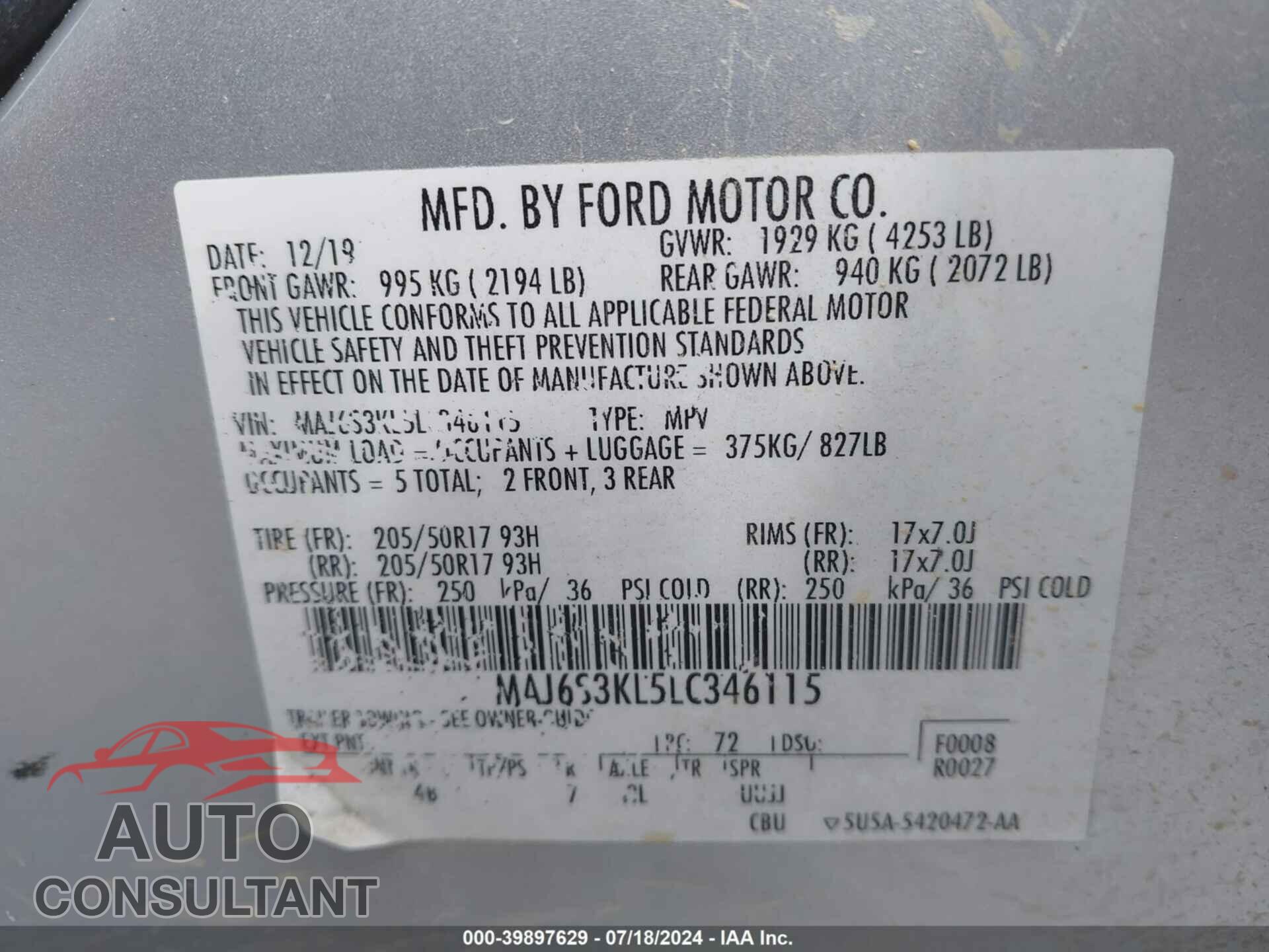 FORD ECOSPORT 2020 - MAJ6S3KL5LC346115