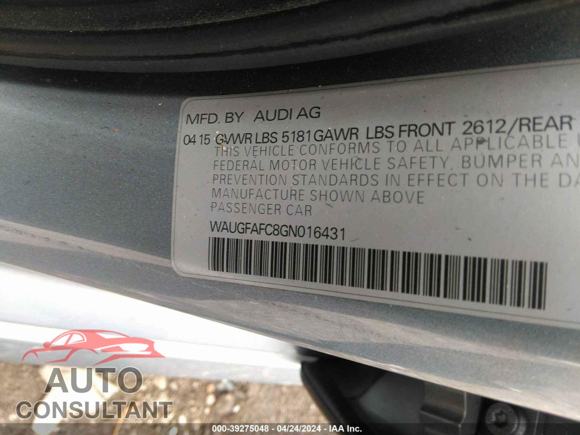 AUDI A6 2016 - WAUGFAFC8GN016431