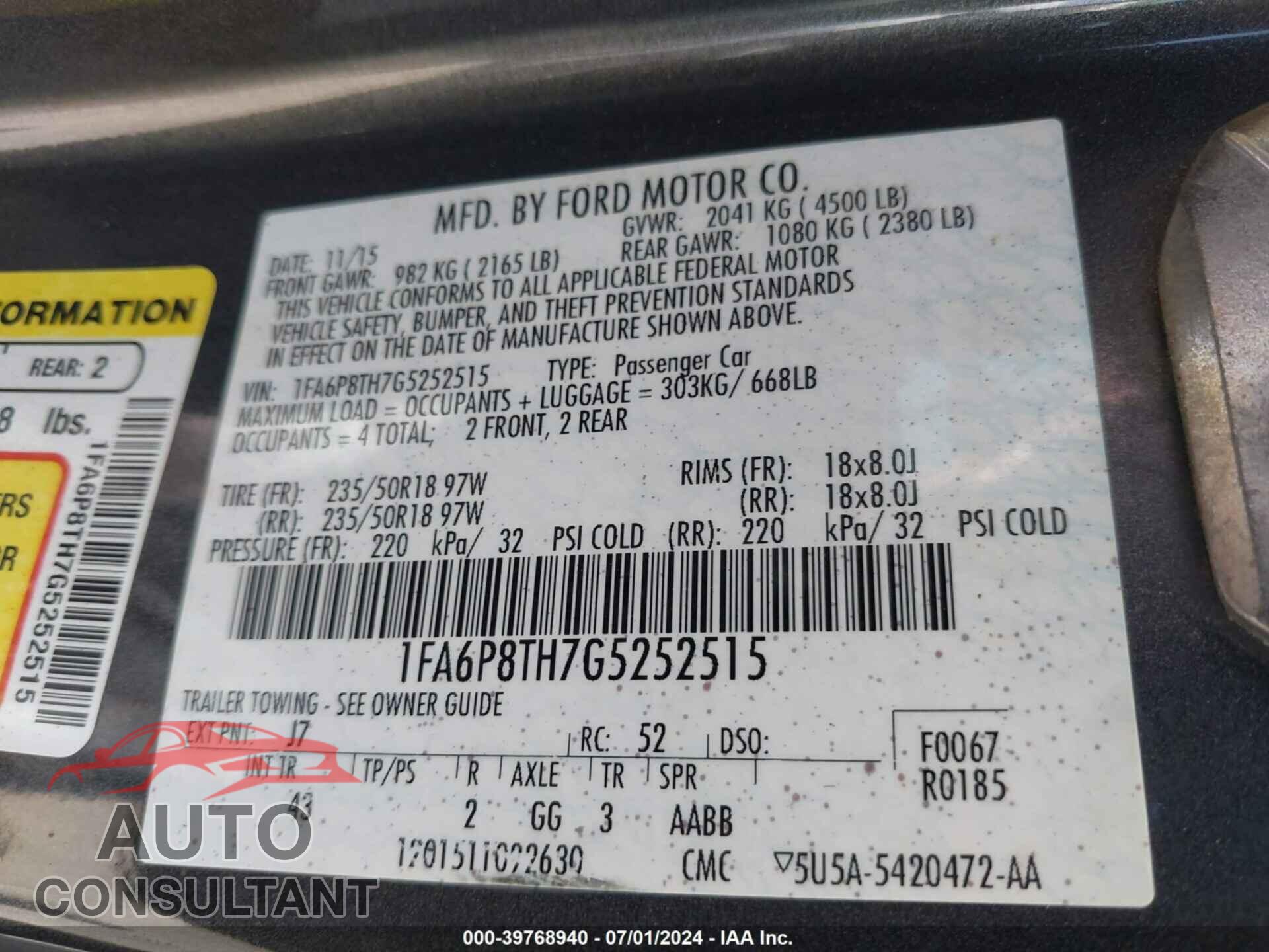 FORD MUSTANG 2016 - 1FA6P8TH7G5252515