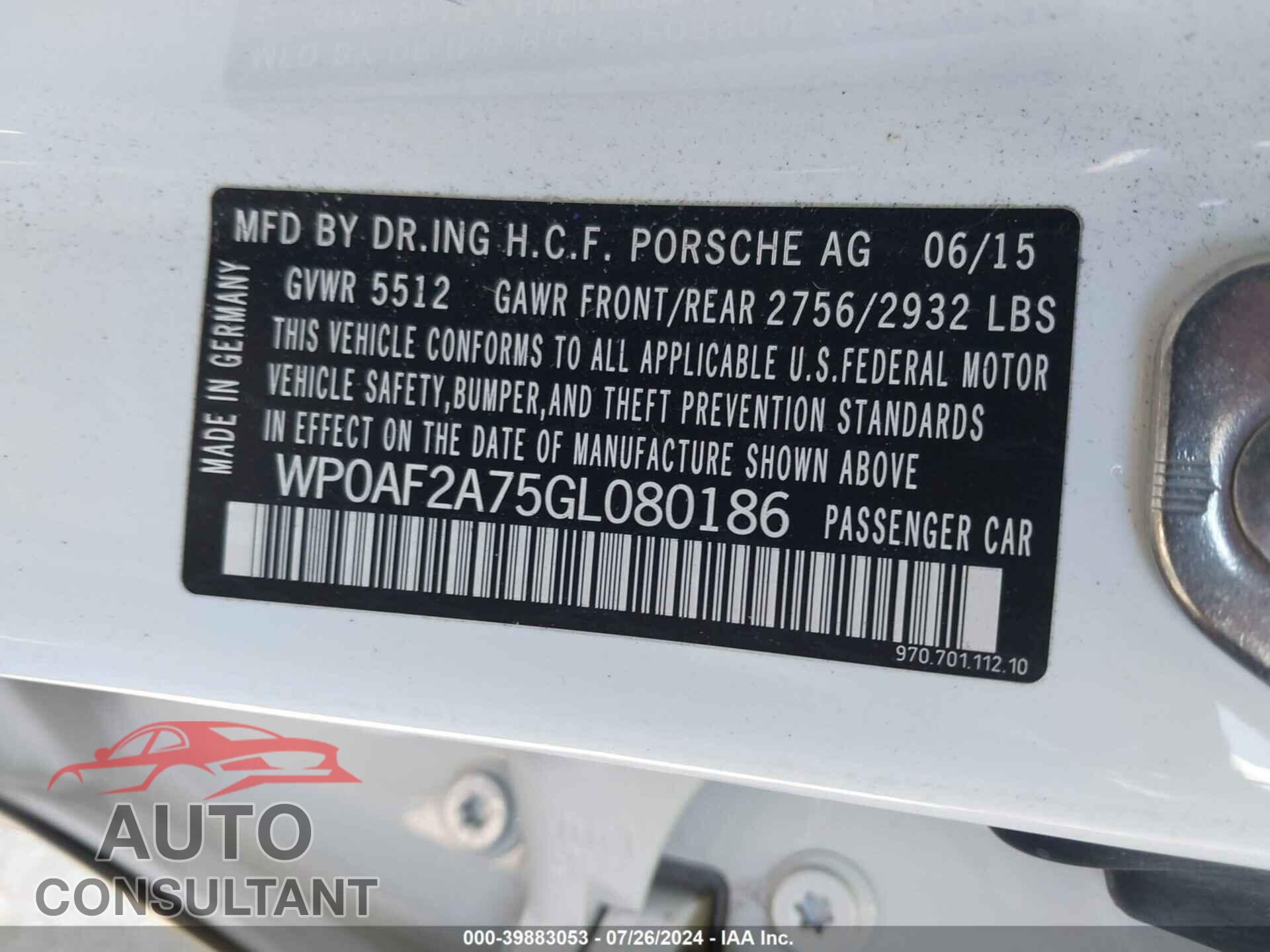 PORSCHE PANAMERA 2016 - WP0AF2A75GL080186