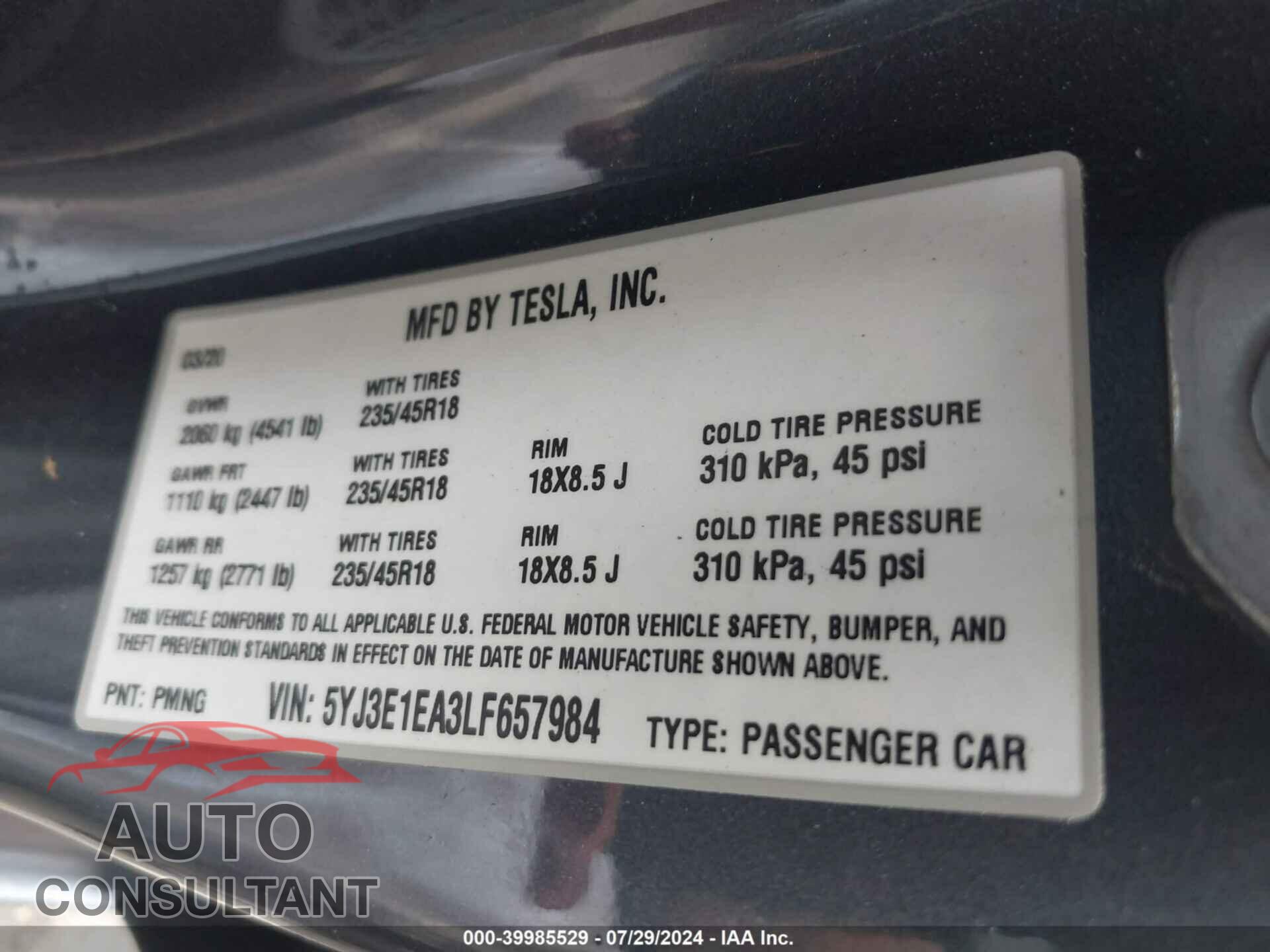 TESLA MODEL 3 2020 - 5YJ3E1EA3LF657984