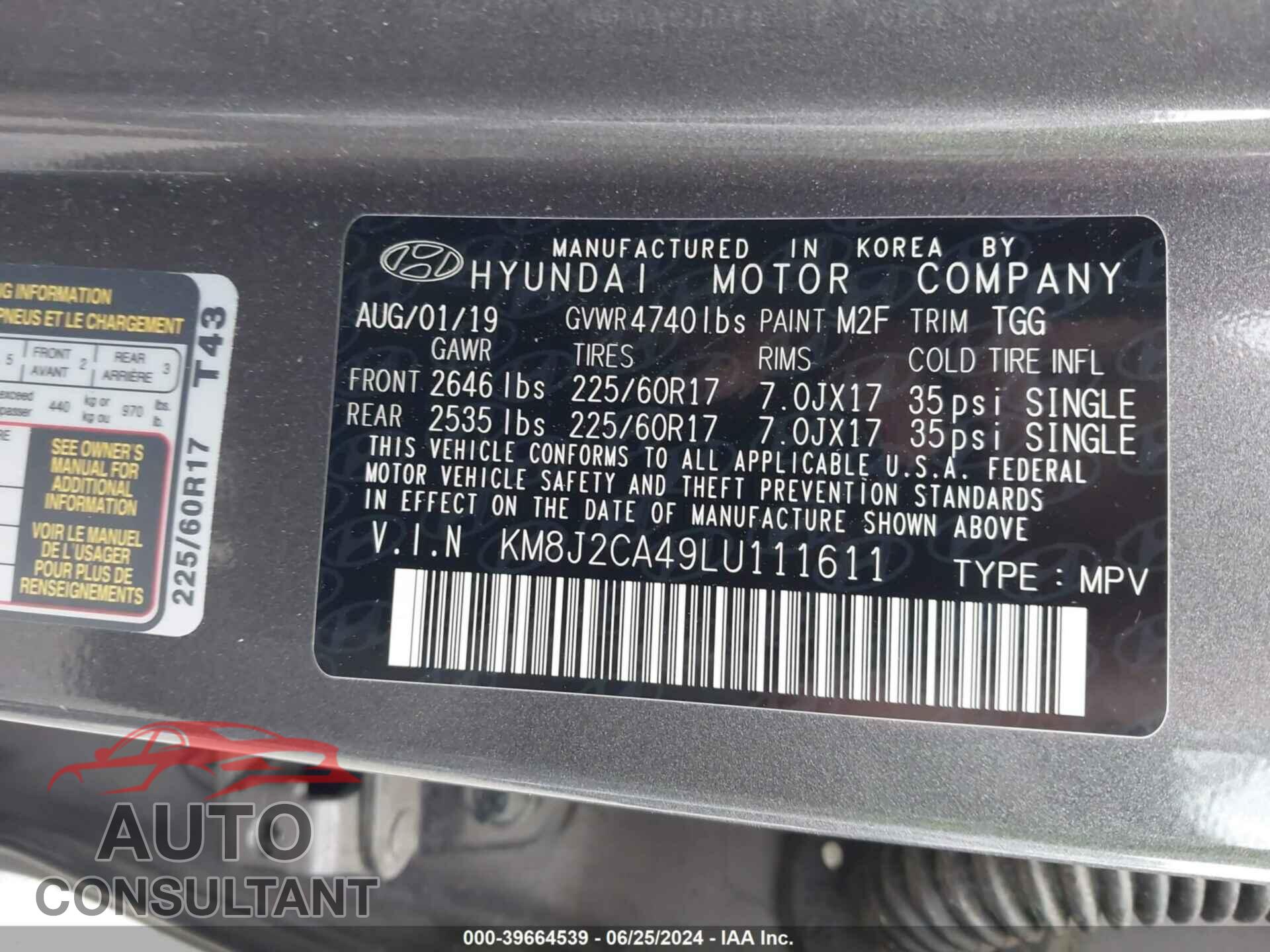 HYUNDAI TUCSON 2020 - KM8J2CA49LU111611