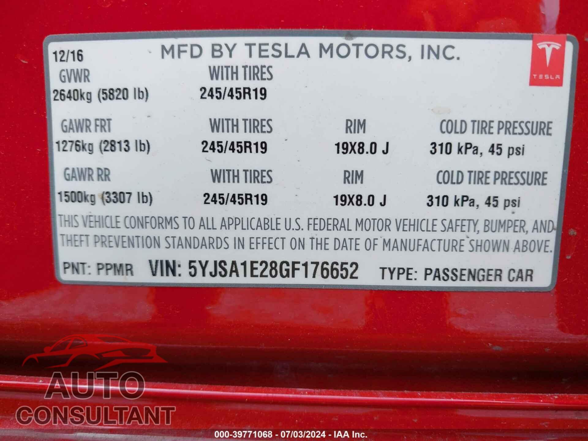 TESLA MODEL S 2016 - 5YJSA1E28GF176652