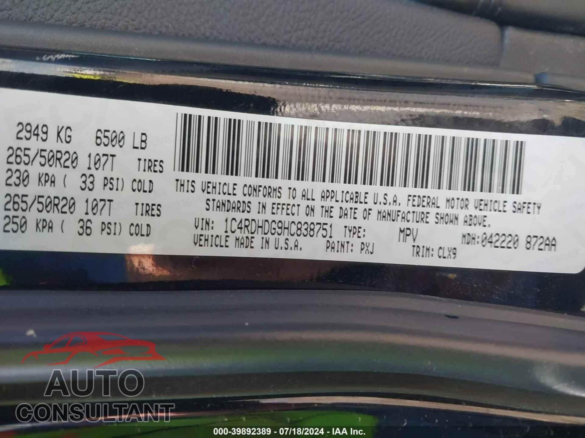 DODGE DURANGO 2017 - 1C4RDHDG9HC838751