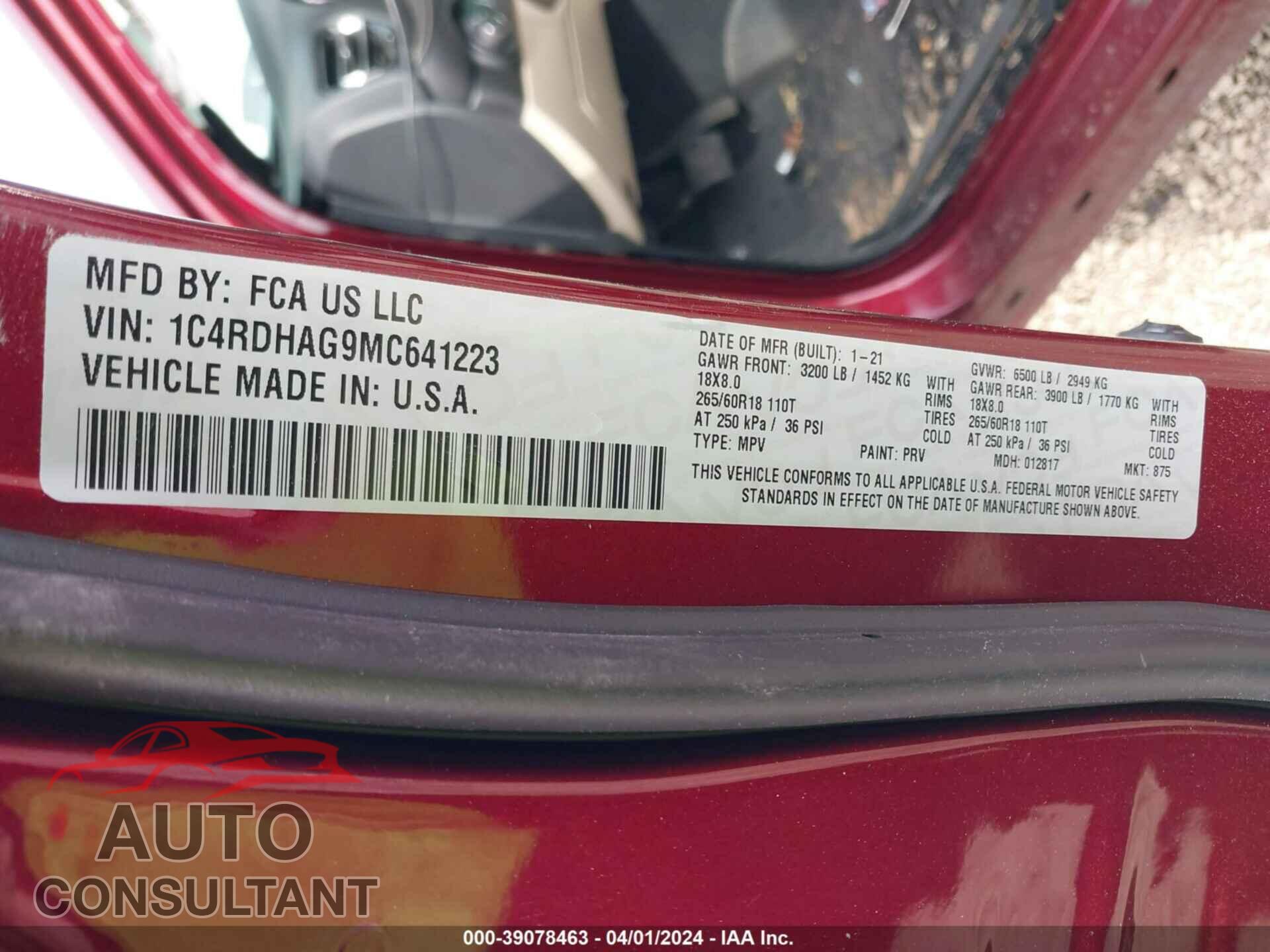 DODGE DURANGO 2021 - 1C4RDHAG9MC641223