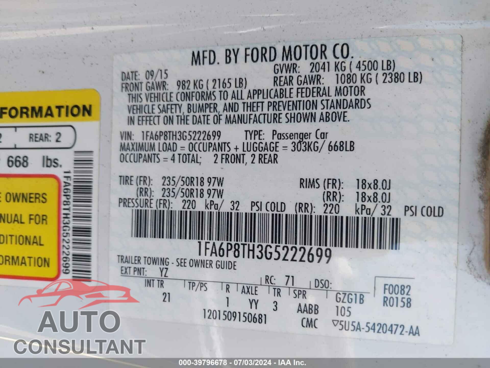 FORD MUSTANG 2016 - 1FA6P8TH3G5222699