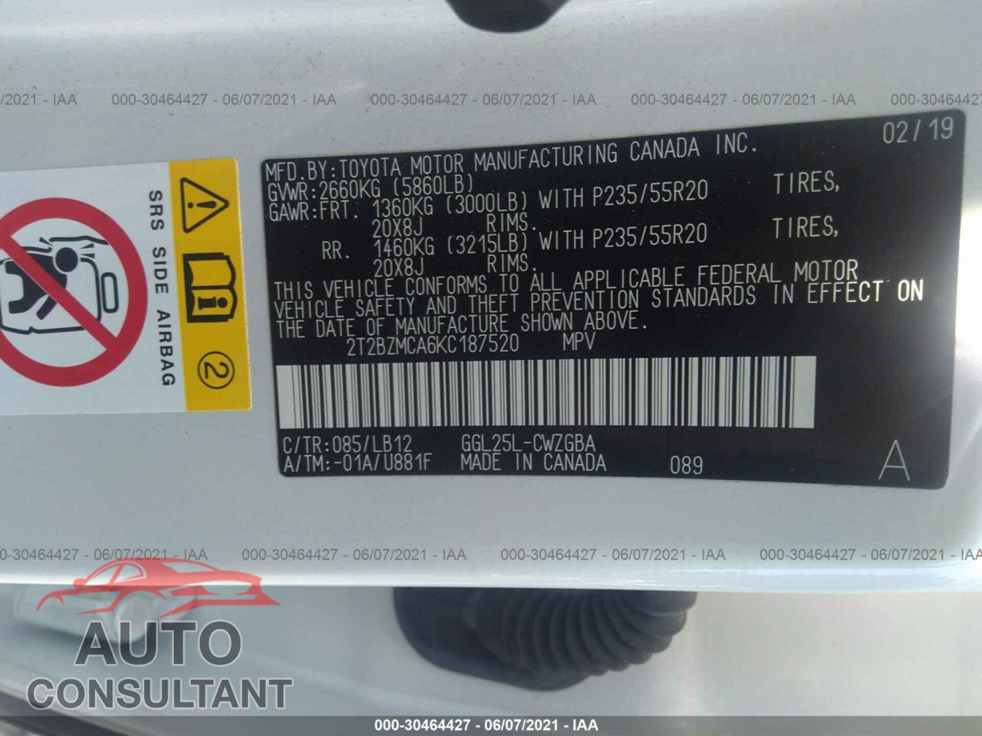 LEXUS RX 2019 - 2T2BZMCA6KC187520