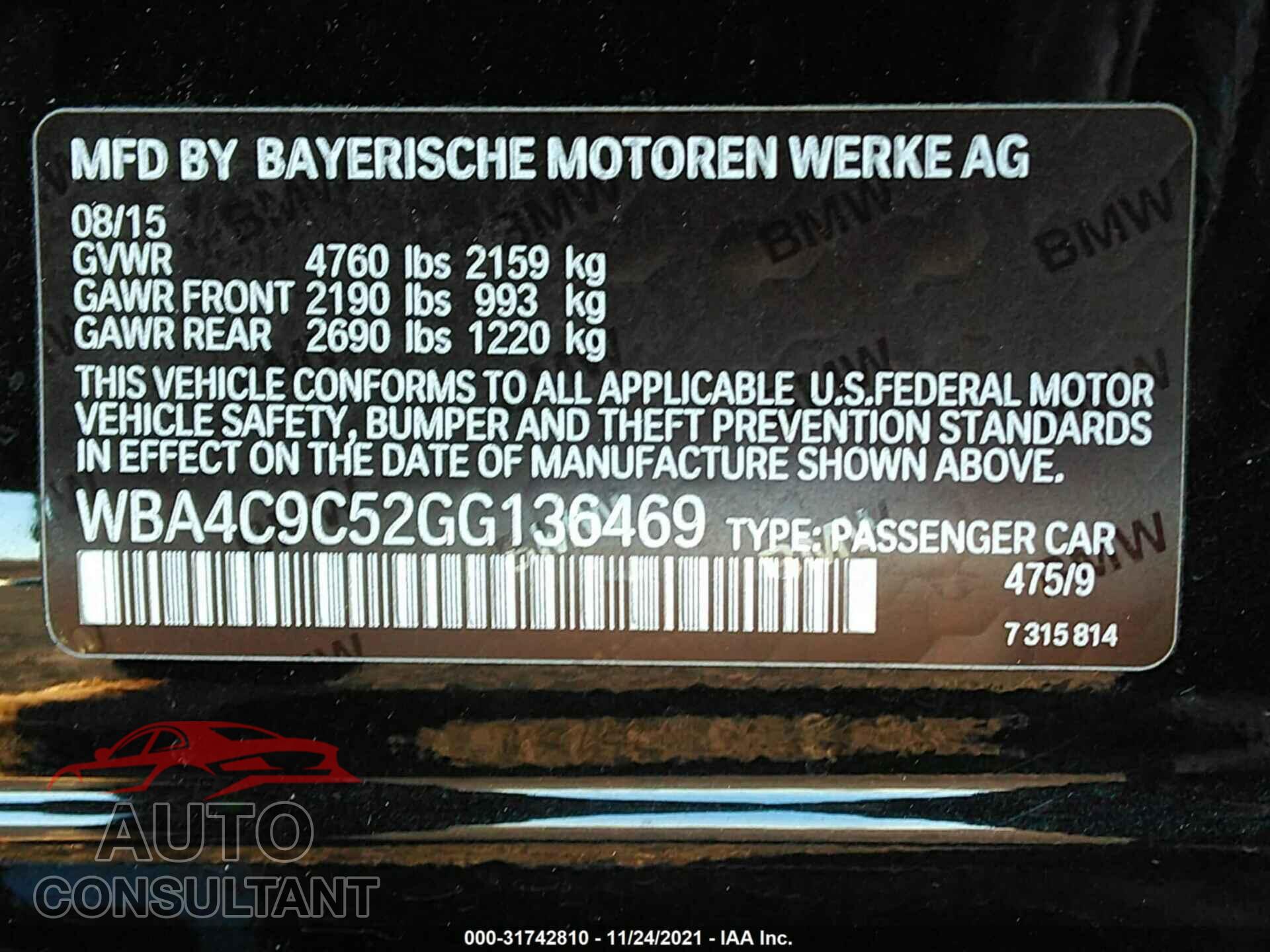 BMW 4 SERIES 2016 - WBA4C9C52GG136469