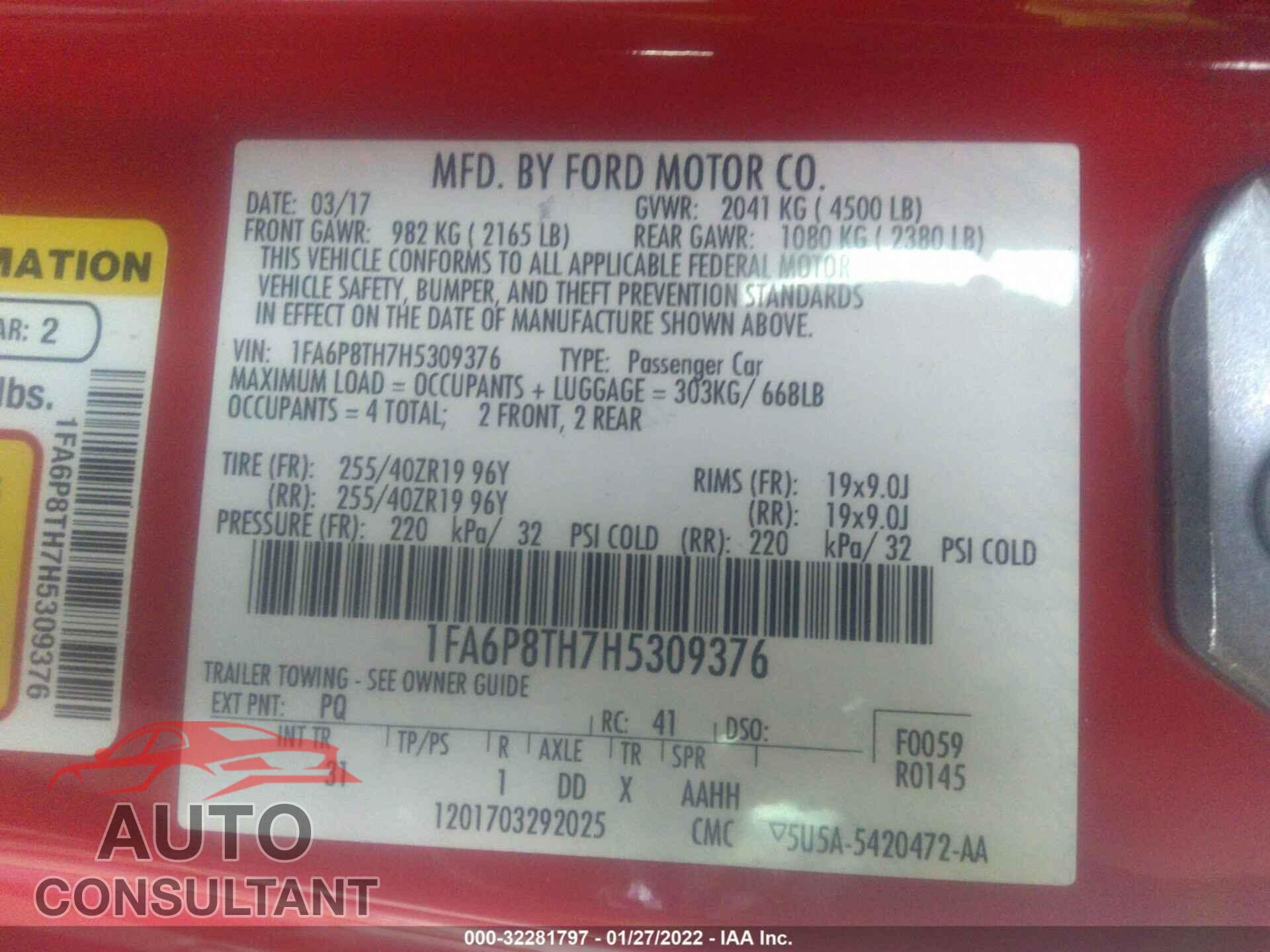 FORD MUSTANG 2017 - 1FA6P8TH7H5309376
