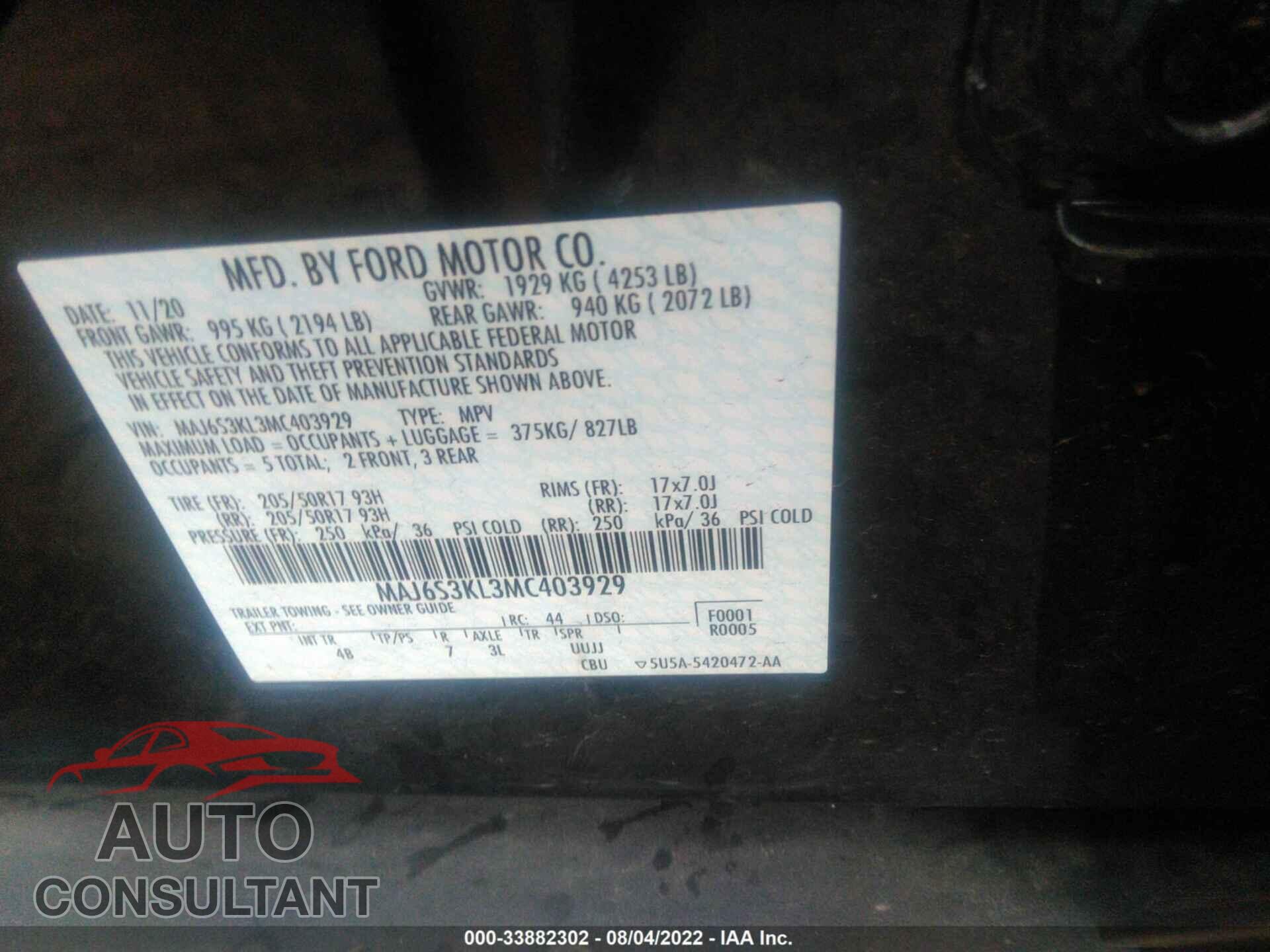 FORD ECOSPORT 2021 - MAJ6S3KL3MC403929