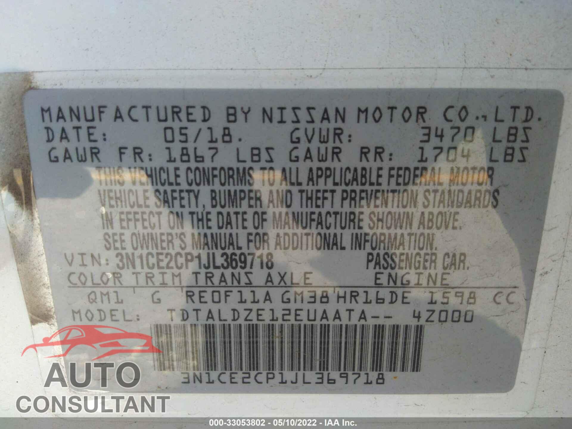 NISSAN VERSA NOTE 2018 - 3N1CE2CP1JL369718