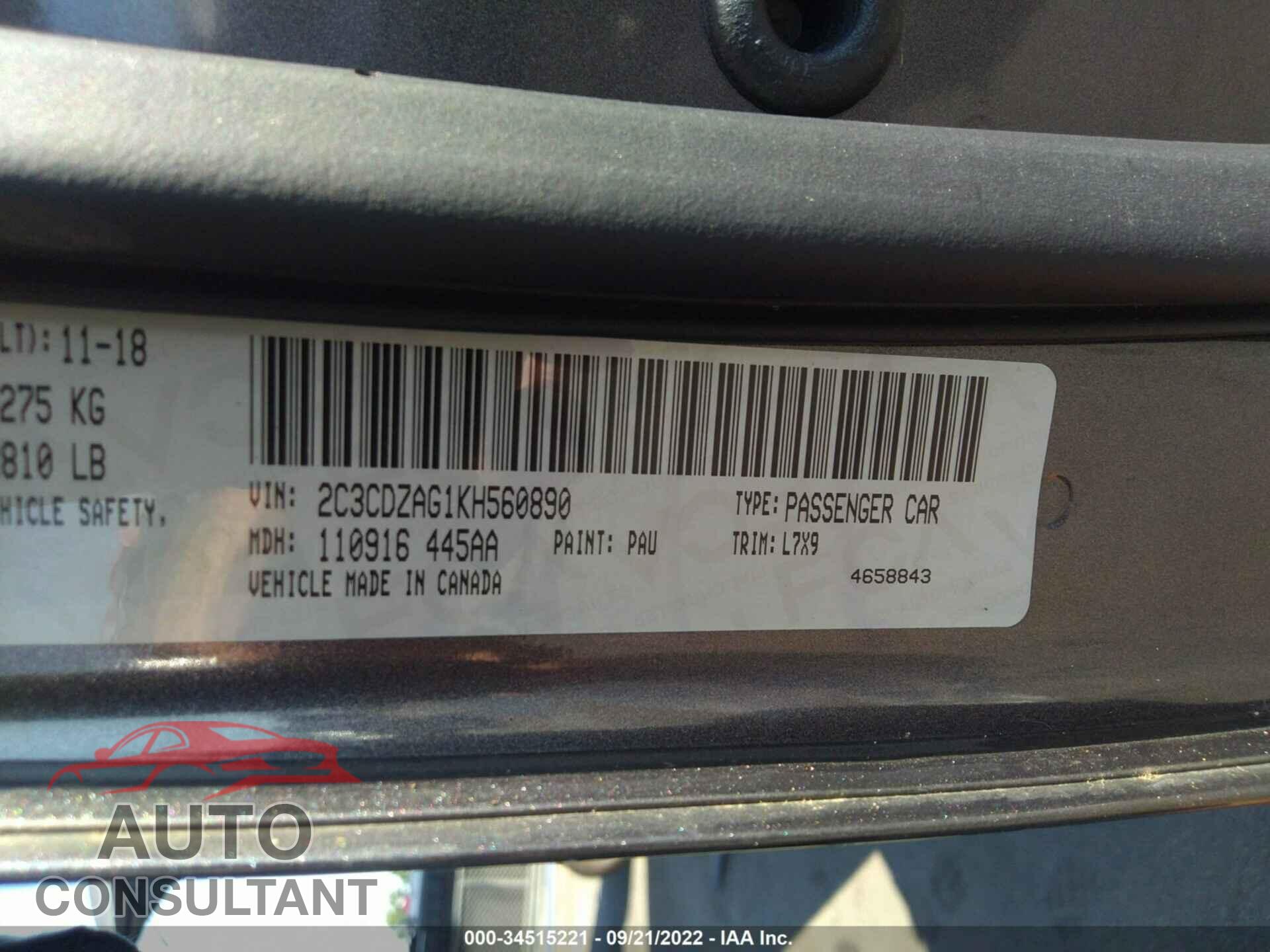 DODGE CHALLENGER 2019 - 2C3CDZAG1KH560890