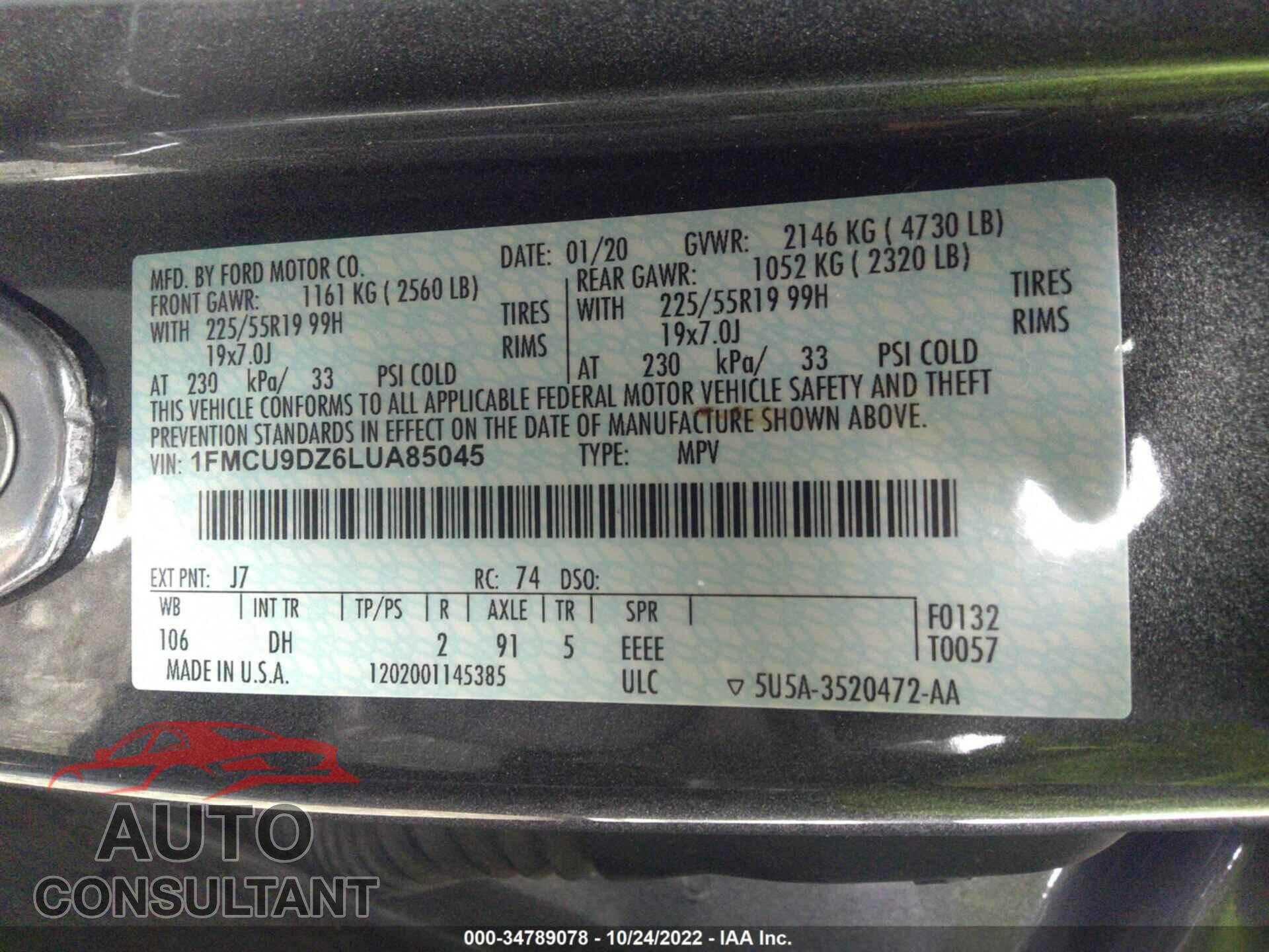 FORD ESCAPE 2020 - 1FMCU9DZ6LUA85045