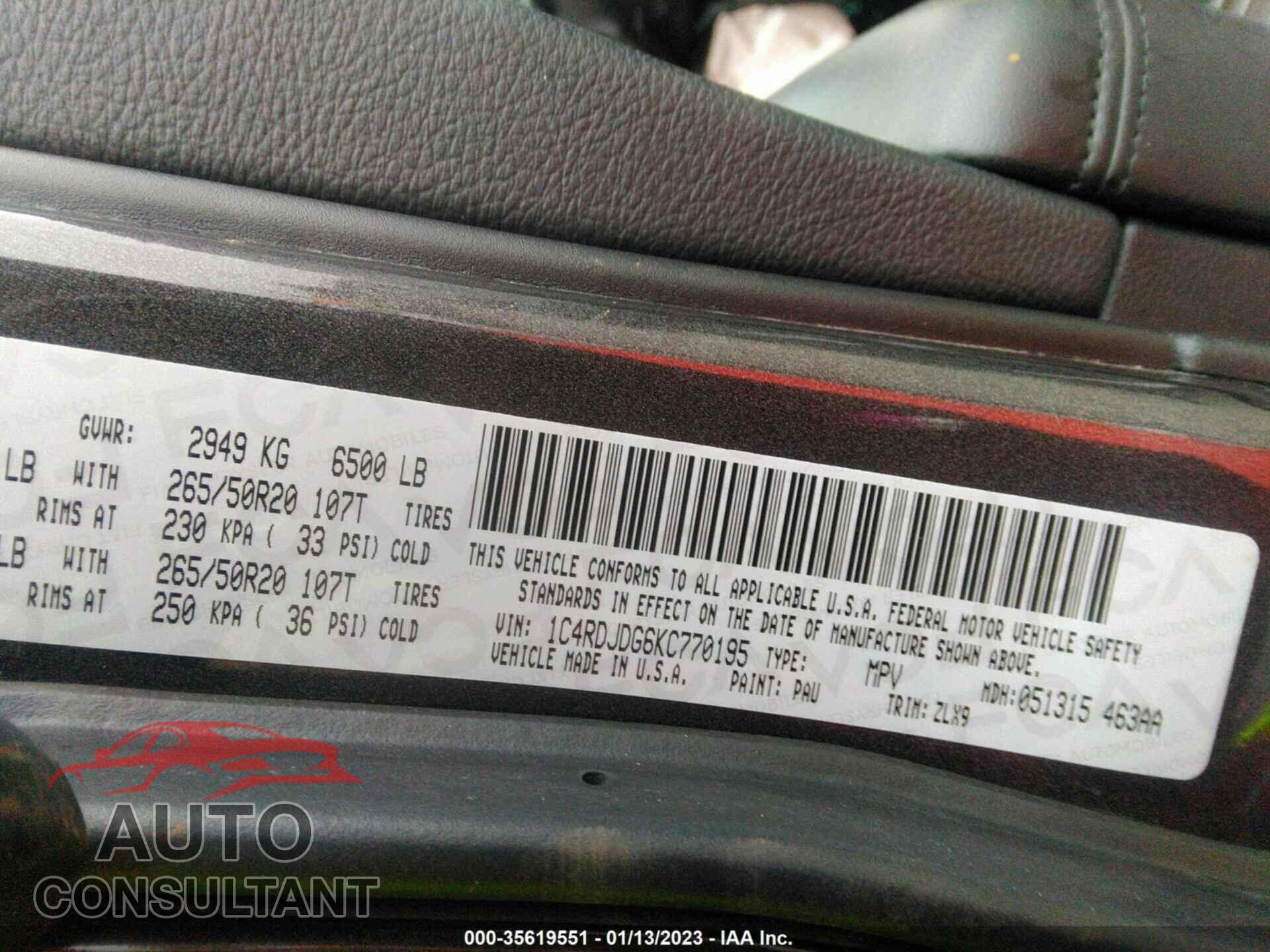 DODGE DURANGO 2019 - 1C4RDJDG6KC770195
