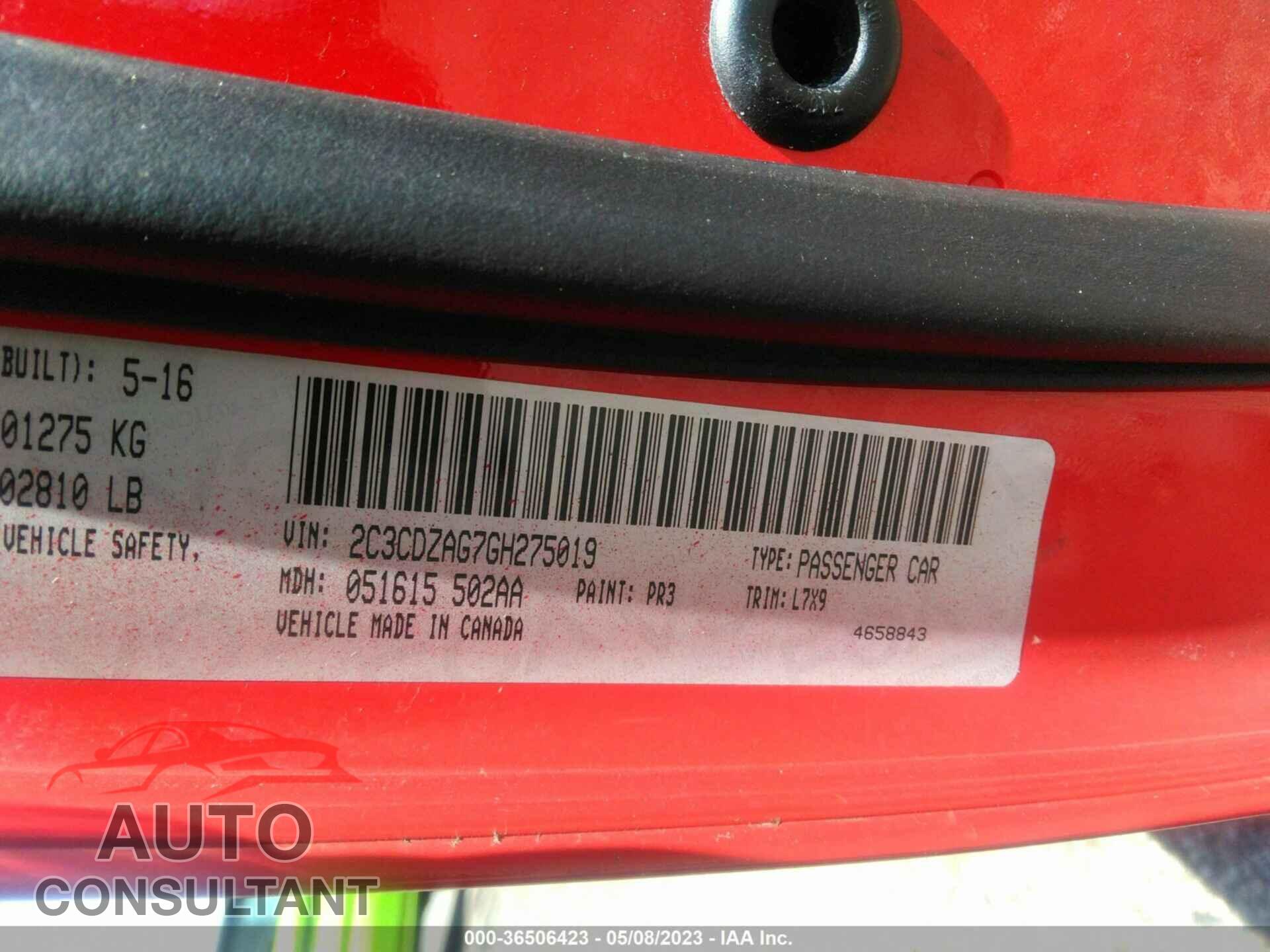 DODGE CHALLENGER 2016 - 2C3CDZAG7GH275019