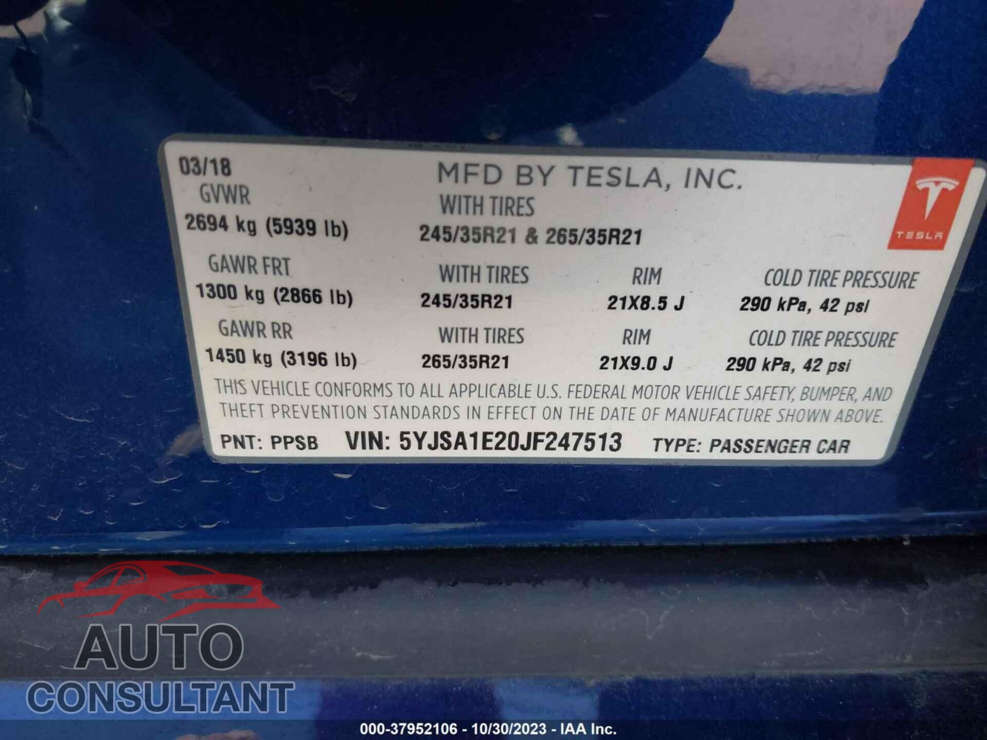 TESLA MODEL S 2018 - 5YJSA1E20JF247513