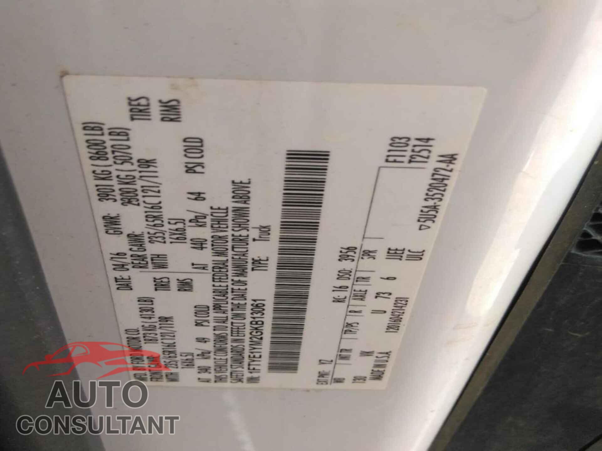 FORD TRANSIT 2016 - 1FTYE1YM2GKB13061