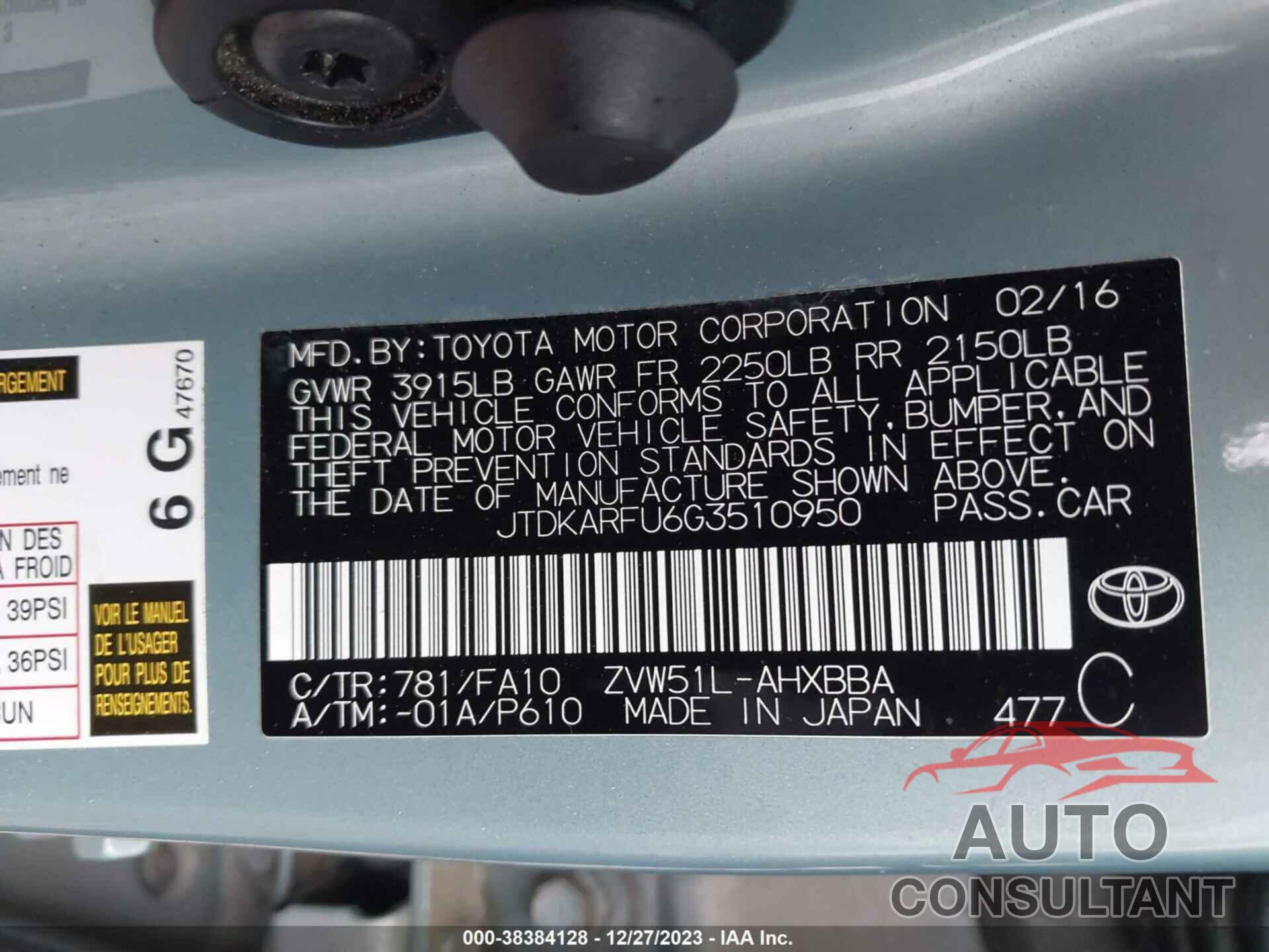 TOYOTA PRIUS 2016 - JTDKARFU6G3510950