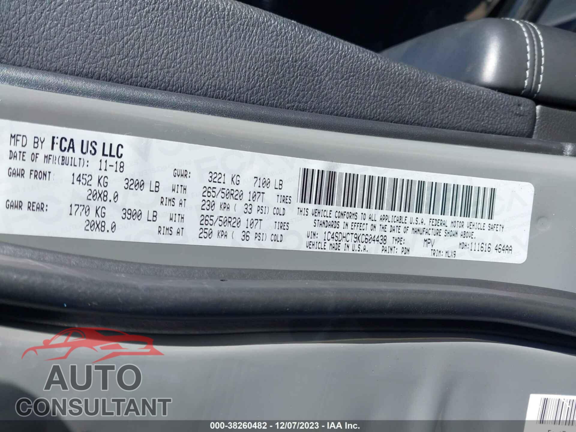 DODGE DURANGO 2019 - 1C4SDHCT9KC604438