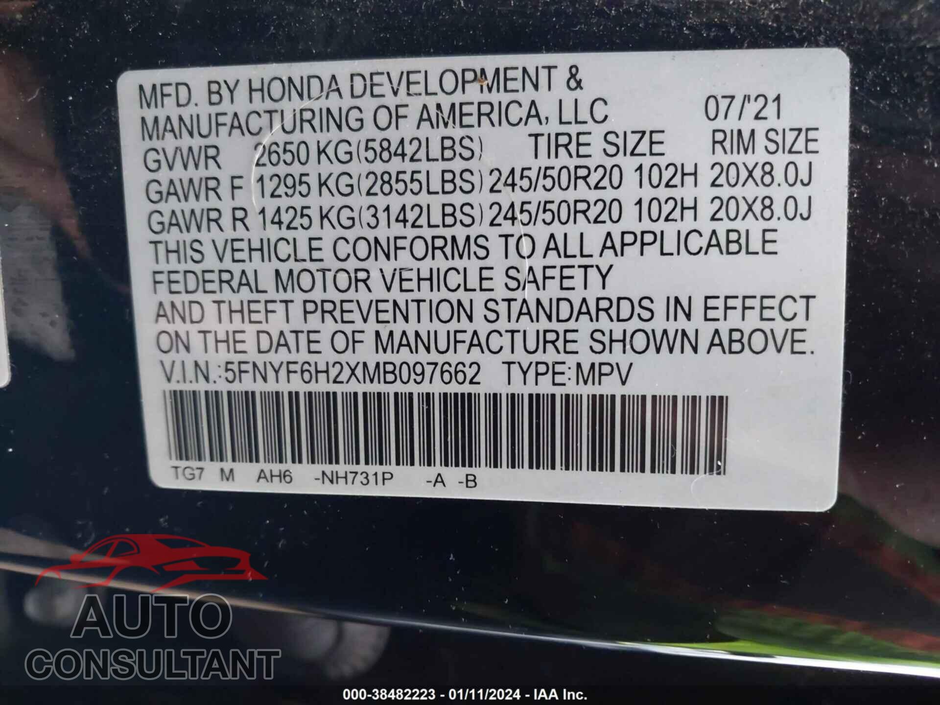 HONDA PILOT 2021 - 5FNYF6H2XMB097662