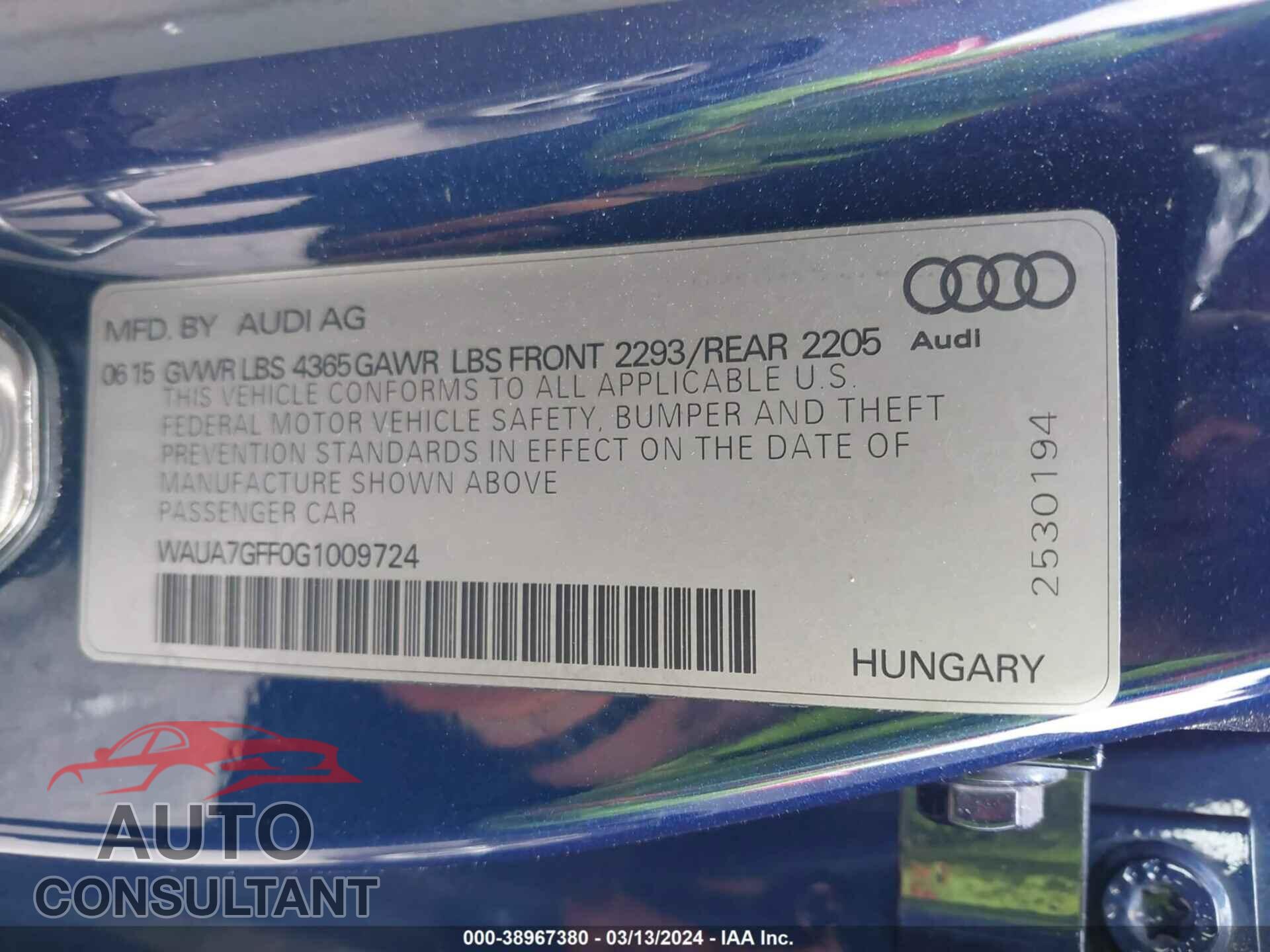 AUDI A3 2016 - WAUA7GFF0G1009724