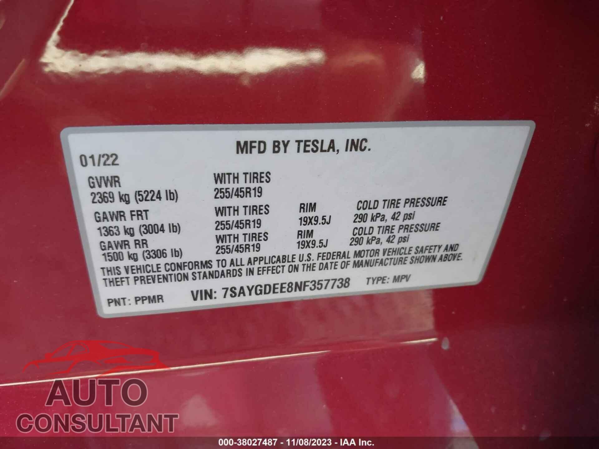 TESLA MODEL Y 2022 - 7SAYGDEE8NF357738