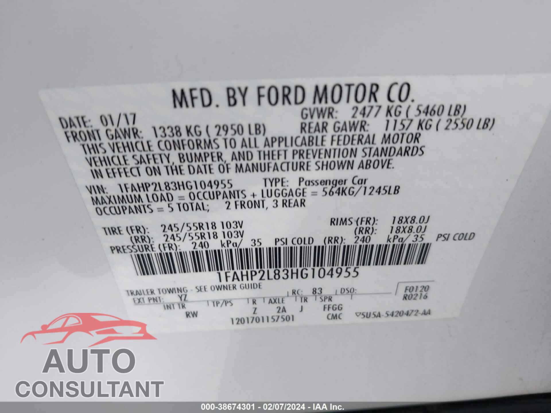 FORD TAURUS 2017 - 1FAHP2L83HG104955