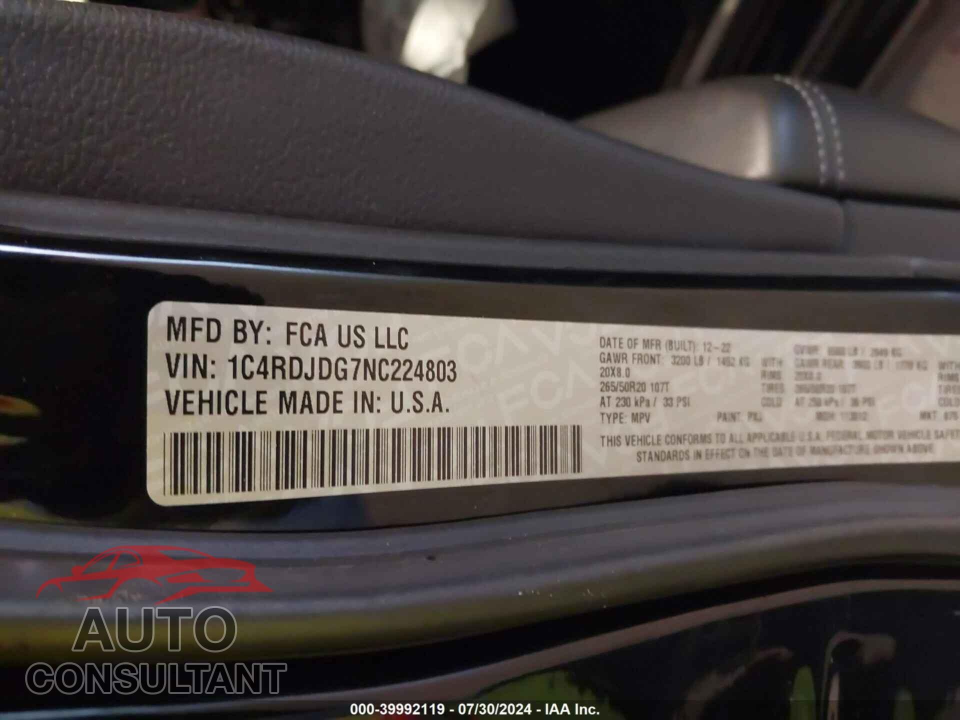 DODGE DURANGO 2022 - 1C4RDJDG7NC224803
