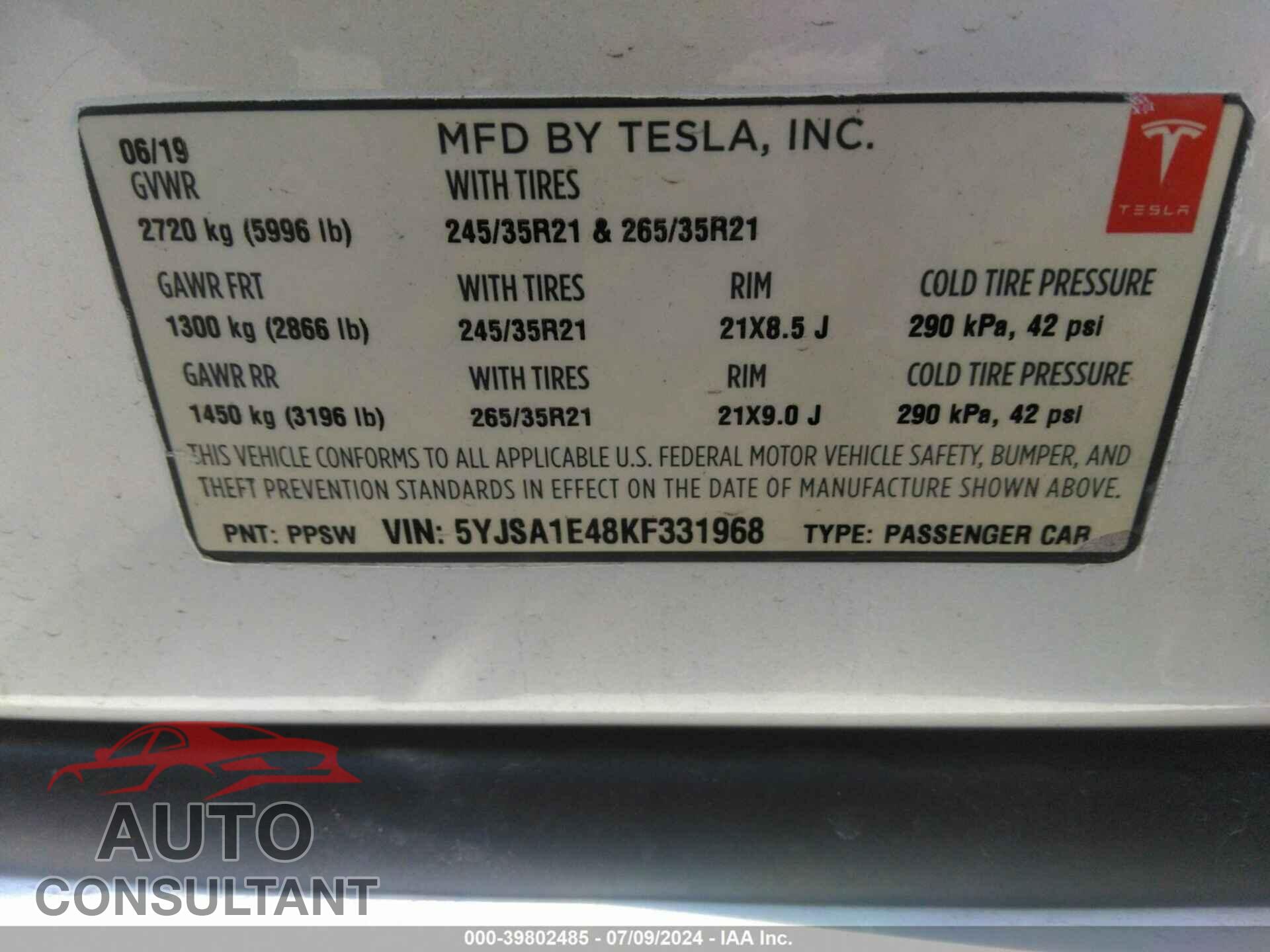 TESLA MODEL S 2019 - 5YJSA1E48KF331968