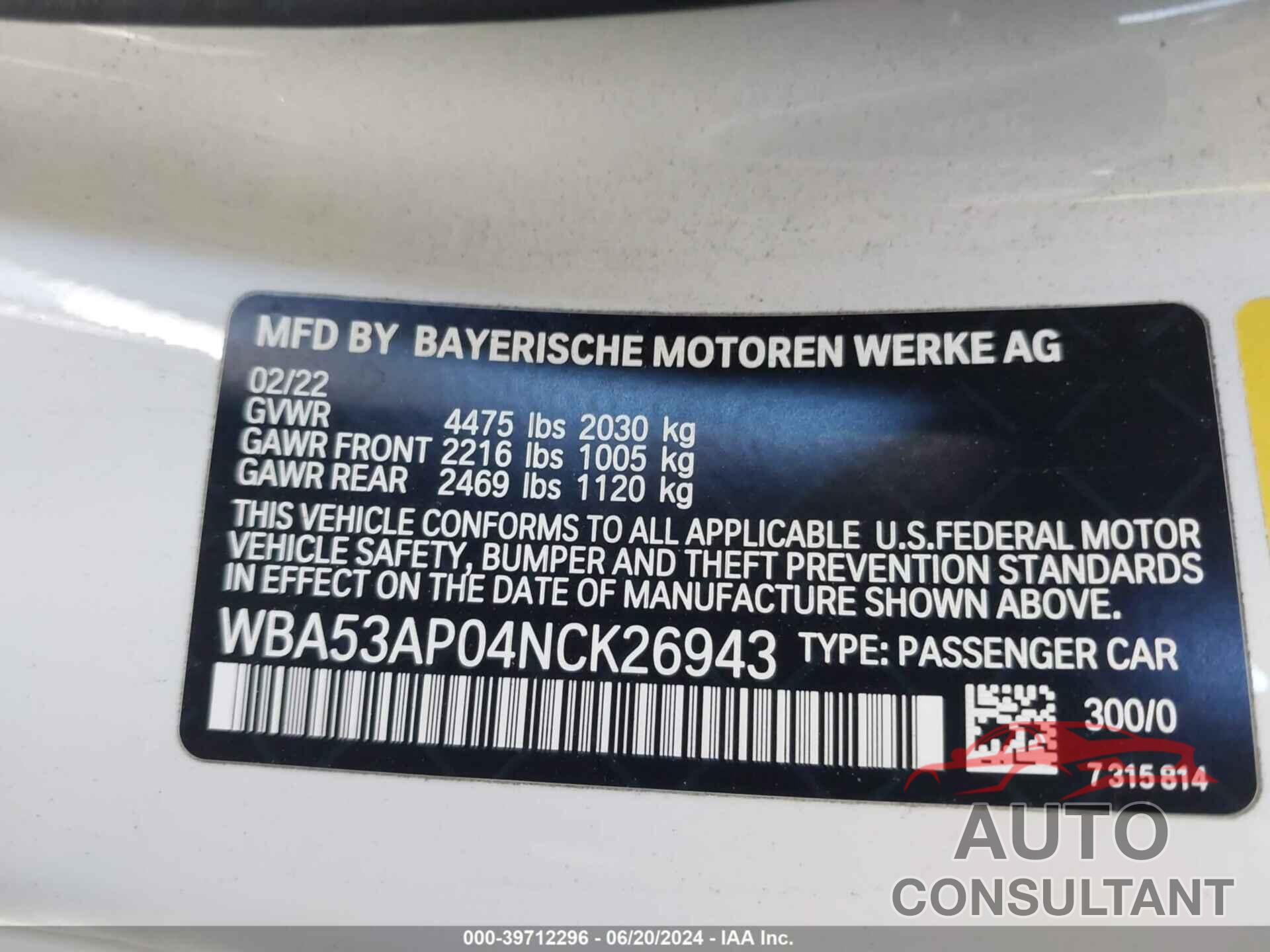 BMW 430I 2022 - WBA53AP04NCK26943